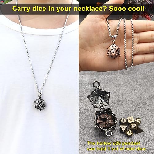 Miniatura 10 de Haxtec Juego de dados pequeños de metal DND con cobre hueco D20, collar D20, juego de dados pequeños antiguos, llavero D&D, portátil, 7 piezas