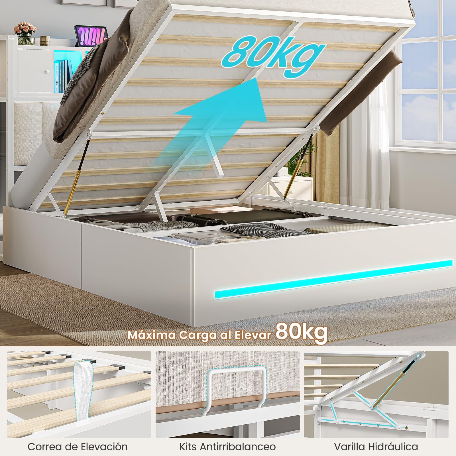 AGOLLATI Camas Matrimoniales 140x190 con Estación de Recarga y LED, Cama Canapé Hidráulica，Estructura Cama Cabecero Tapizado con 7 Compartimentos de almacenaje, Somier de Láminas de Madera, Blanco