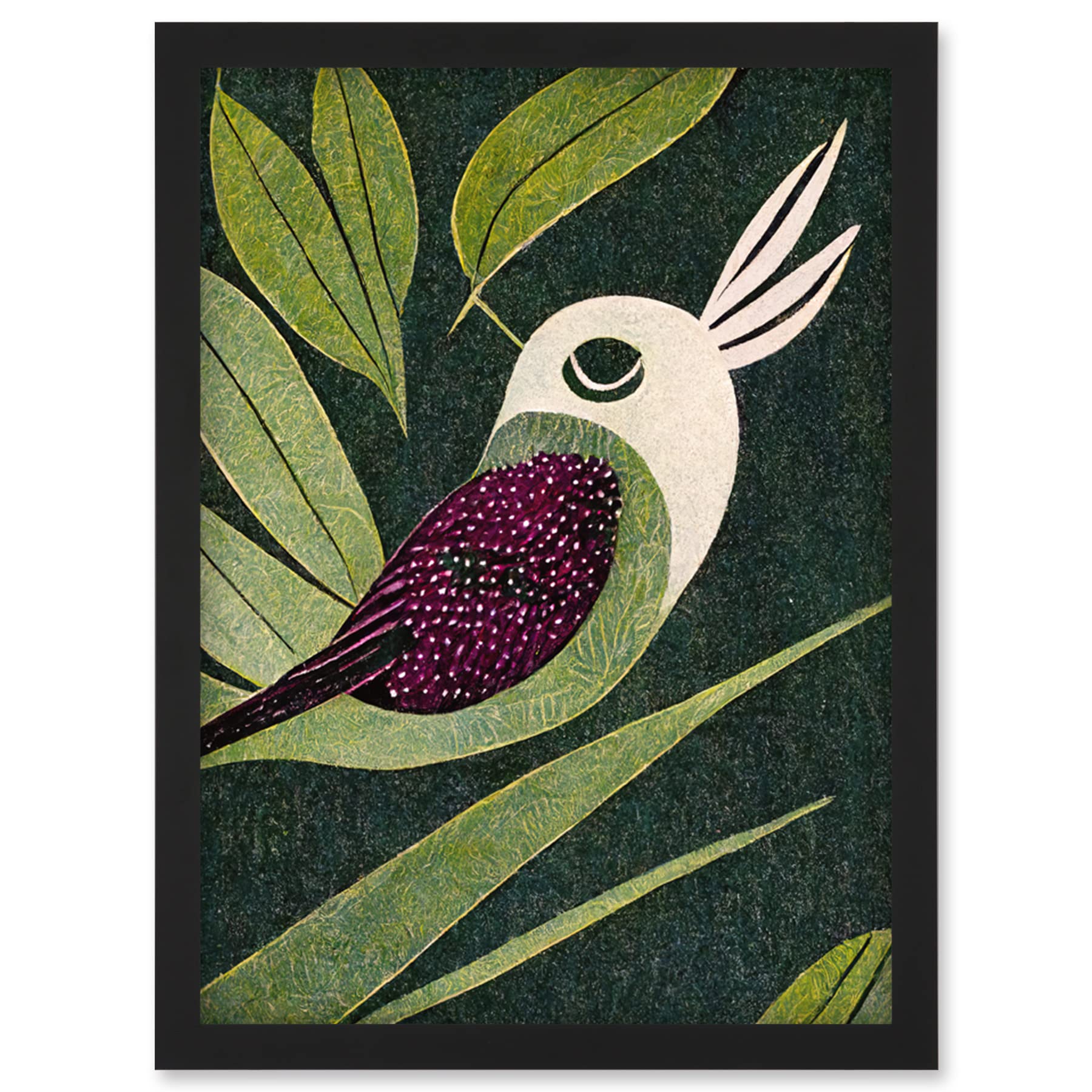 Artery8 Vintage Linocut Illustration Small Bird With Plant Leaves Wall Art PrintA4 Size from B&Q