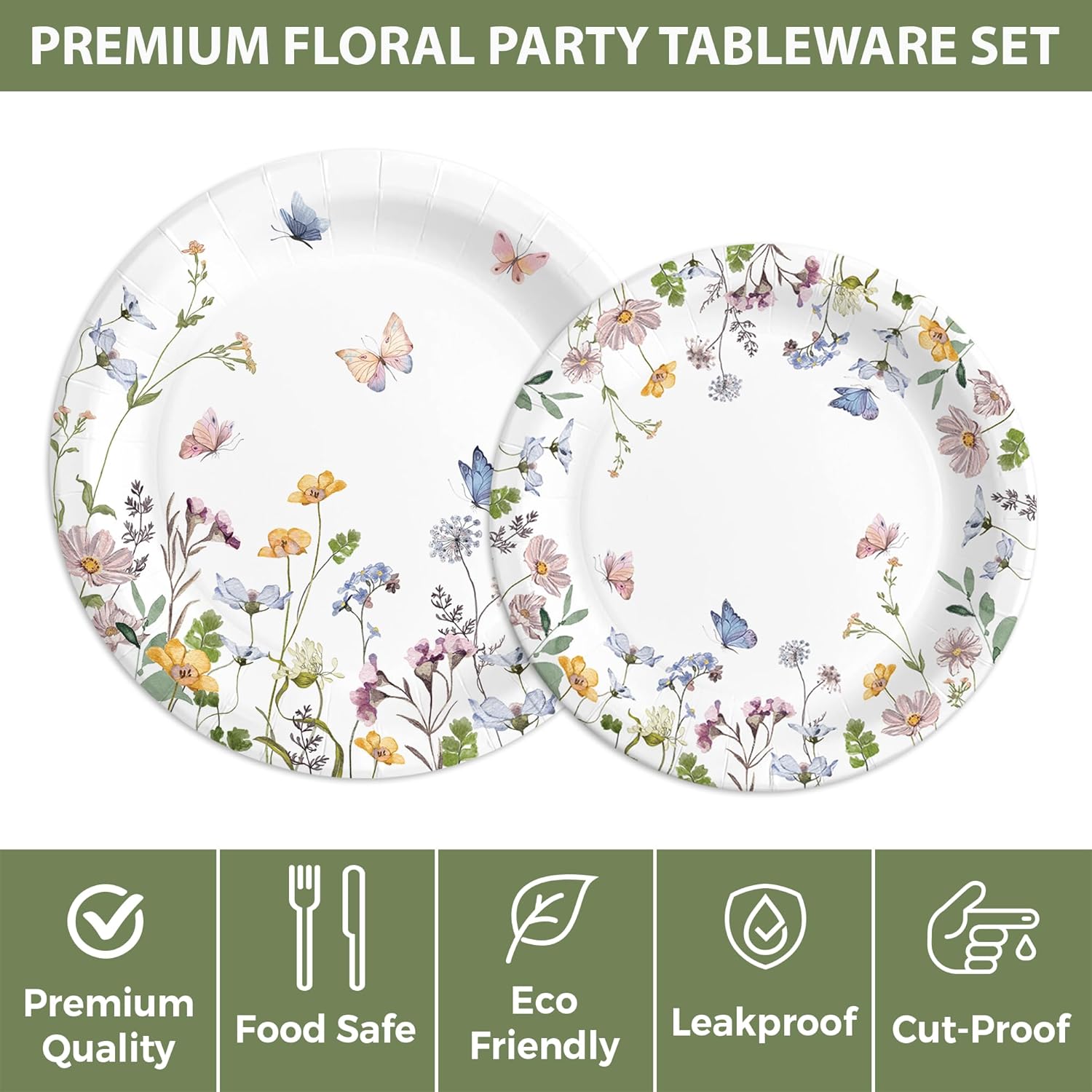 Audree Bundle 96 Pcs Wildflower Party Set & 100 Pcs Disposable Napkin – Floral Paper Plates & Napkins for Wedding, Baby Shower, Birthday, Tea Party – Perfect for 24 Guests