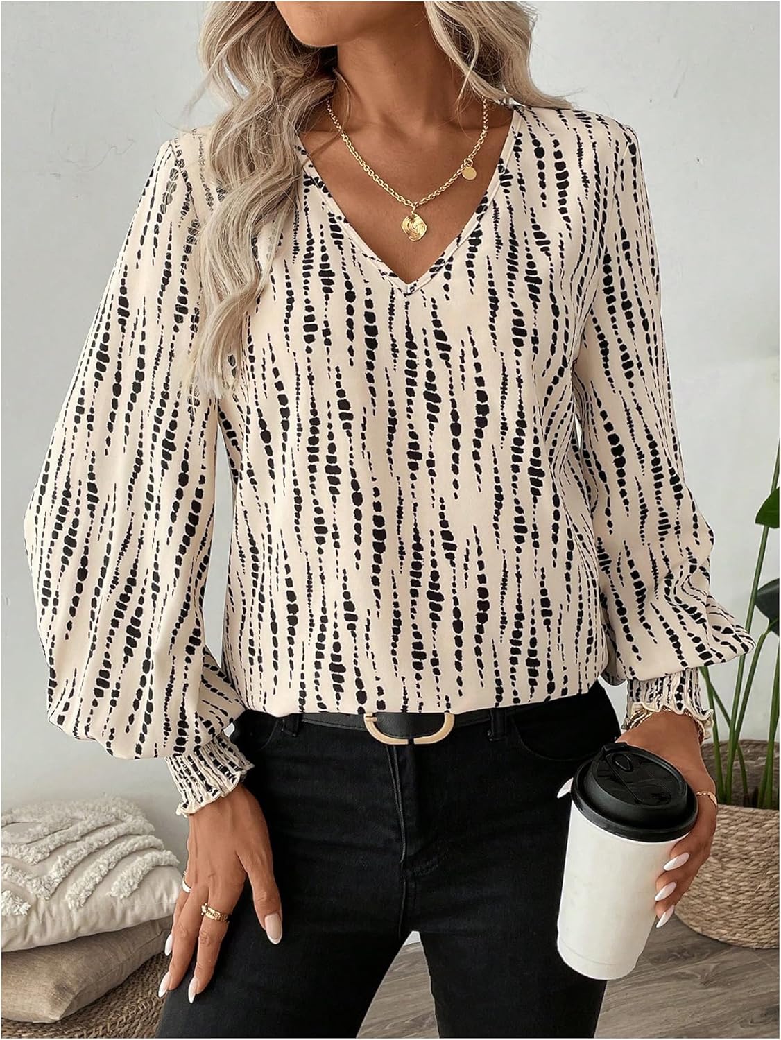 SOLY HUX Women's Allover Printed Blouse Tops V Neck Lantern Long Sleeve Shirred Casual Work Shirt - Image 3