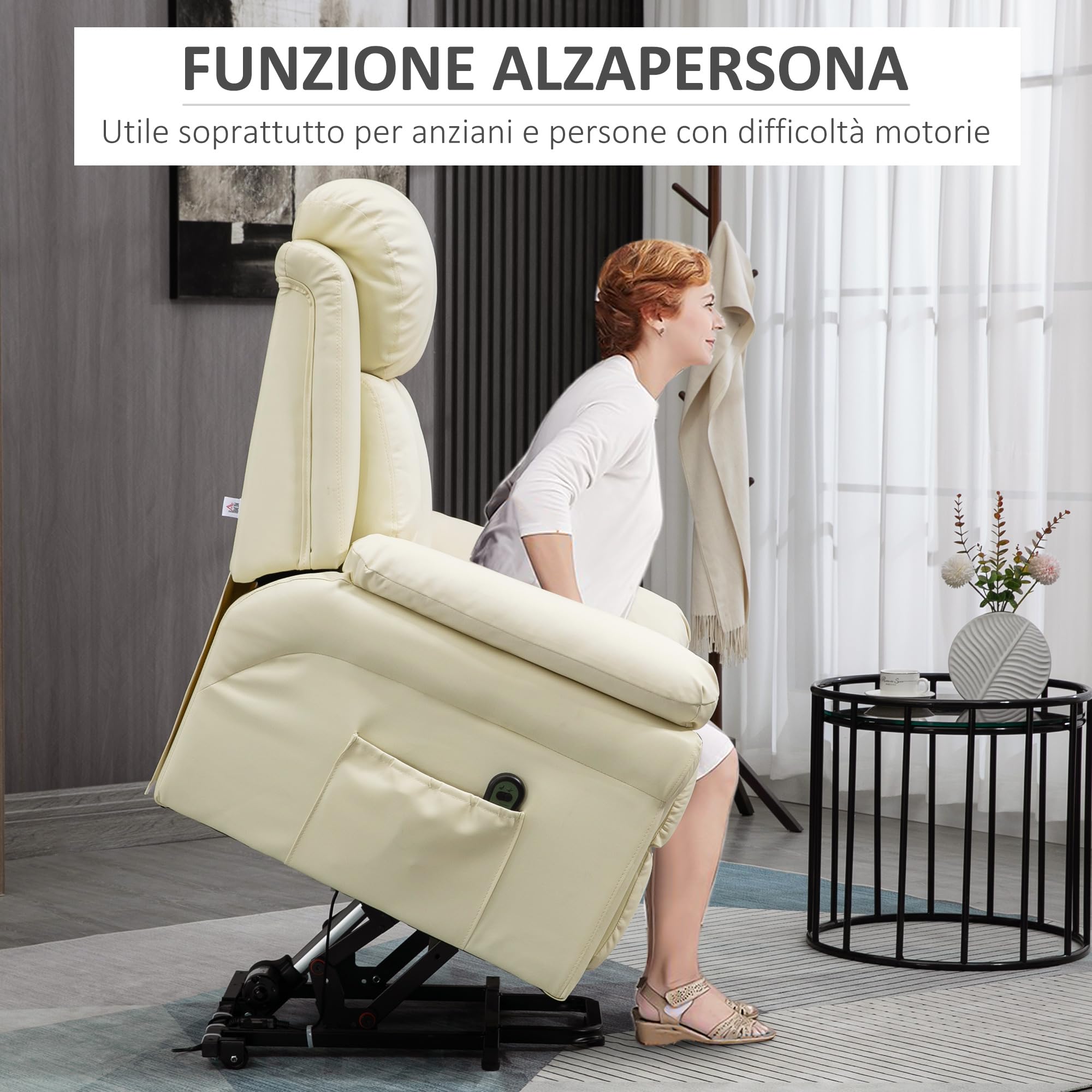 HOMCOM Poltrona Reclinabile Alzapersona Elettrica, Poltrona Relax con Imbottitura Spessa e Telecomando, 96x93x105 cm, Crema
