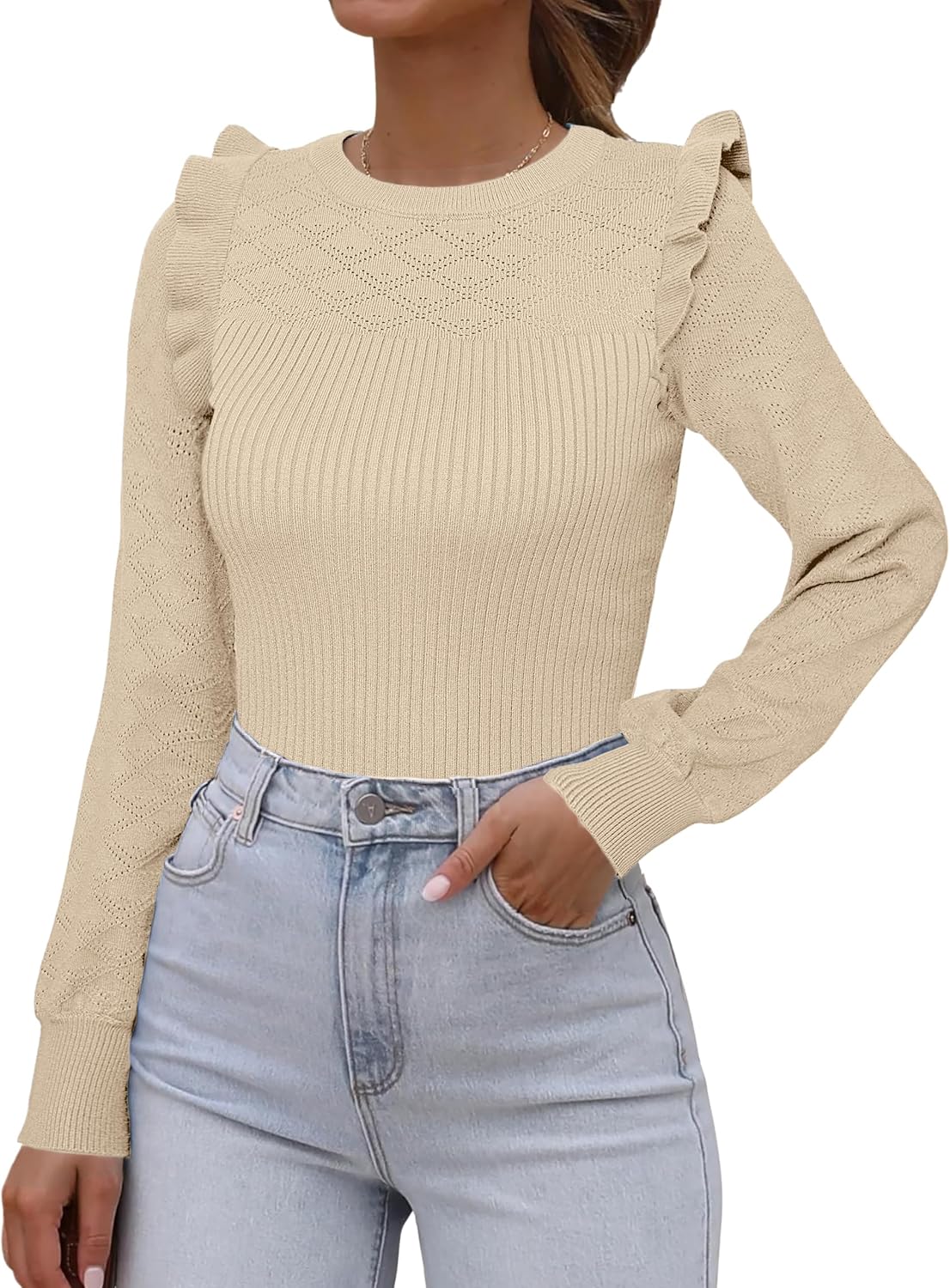 Simplee Womens Long Sleeve Sweaters Crewneck Ruffle Shoulder Fall Sweater Casual Ribbed Knit Pullover Tops 2025