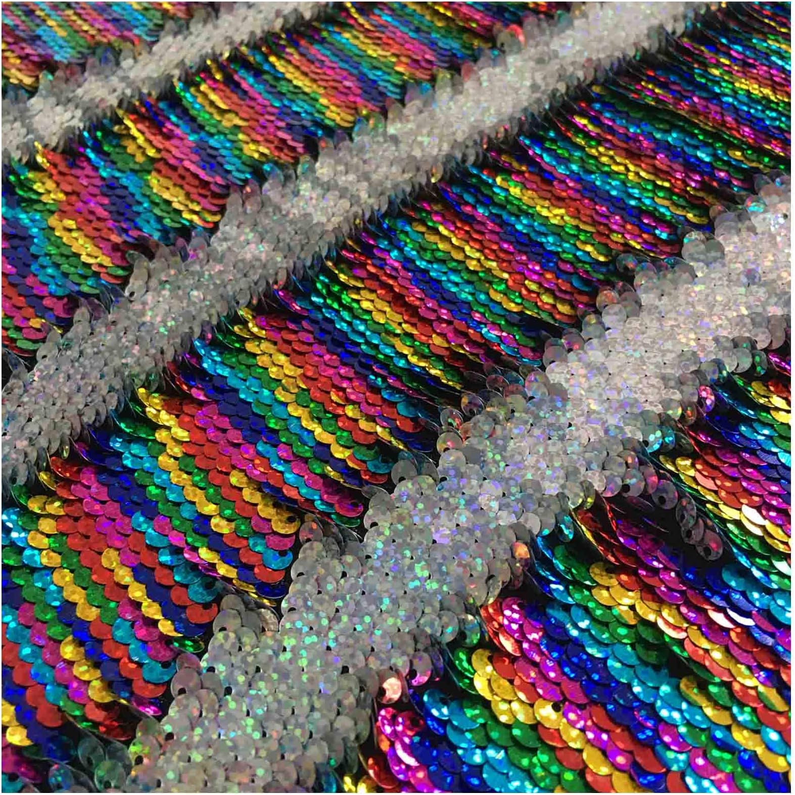 1Yard Flip Up Sequin Fabric Reversible-Rainbow Laser Silver Mermaid Sequin Fabric Flip Up Two Way Stretch Shimmer for Evening Dress/Wedding Party Decoration