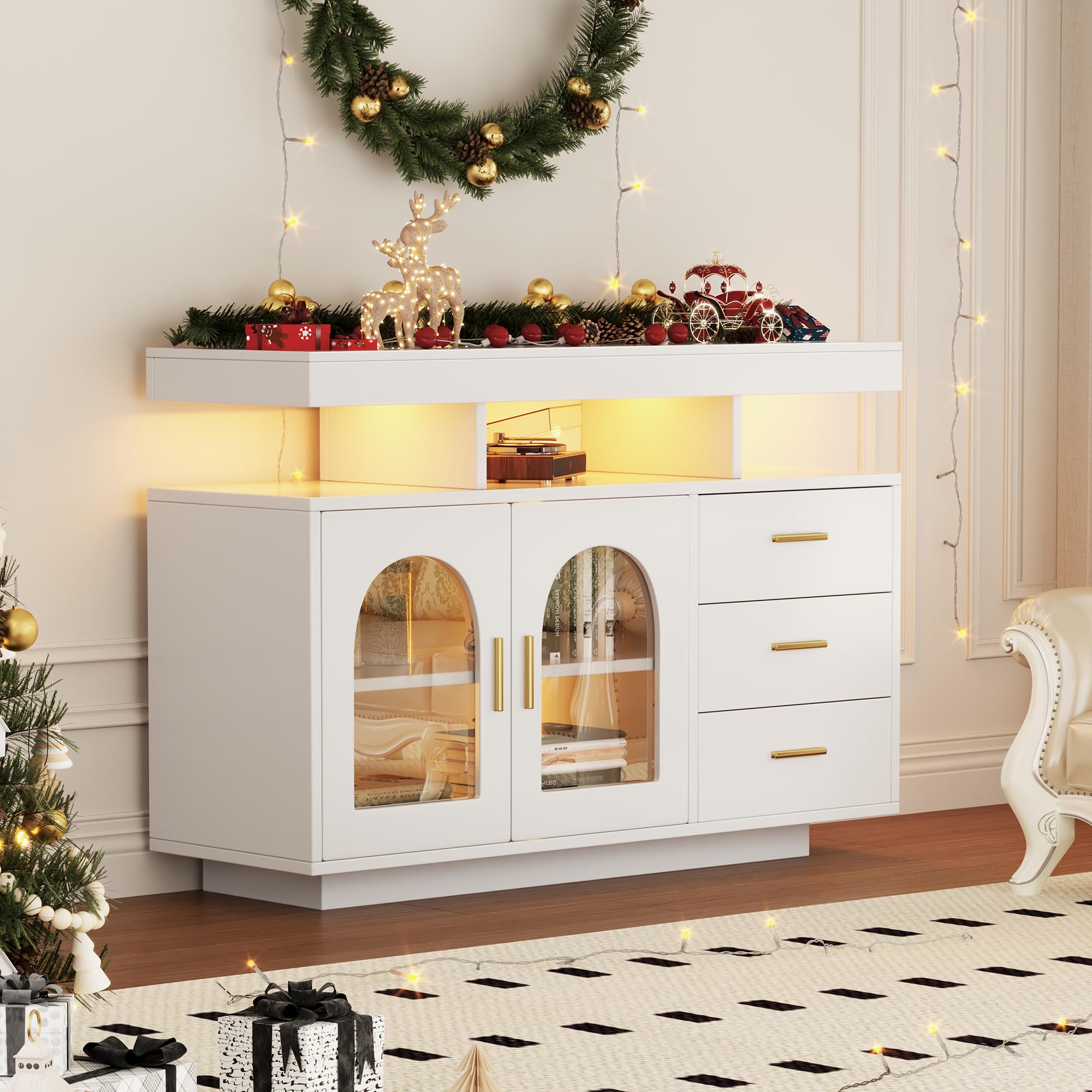 Komoda, kredens z dużą ilością miejsca do przechowywania, szafka bufetowa z oświetleniem w 16 kolorach, szafka z szufladami do salonu, biała, 120 x 40 x 80 cm