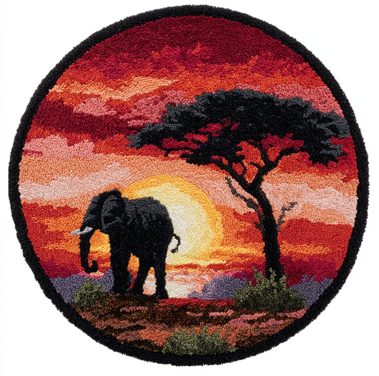 WallustrioaW DIY Tapestry Carpet Rug Making for Adults,Sunset Elephant,Crochet Kit for Beginners,Carpet Making Set with Printed Canvas,Gift,50x50cm