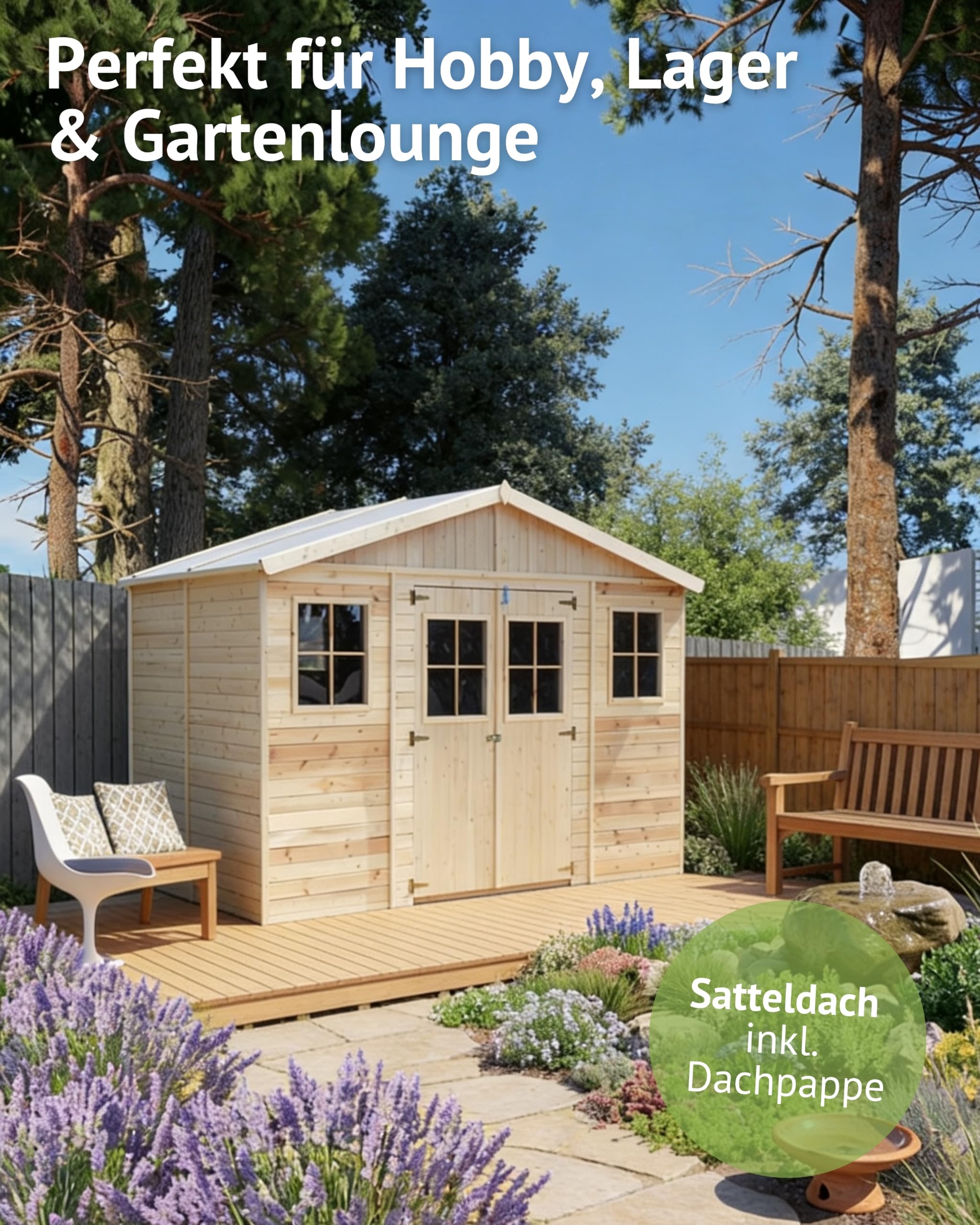 Steiner Shopping Gartenhaus Aachen 500x400 cm aus Holz I Vorgefertigtes Elementhaus mit Satteldach & Dachpappe I Großer Geräteschuppen für Gartengeräte & Fahrräder I Robuste Gartenhütte