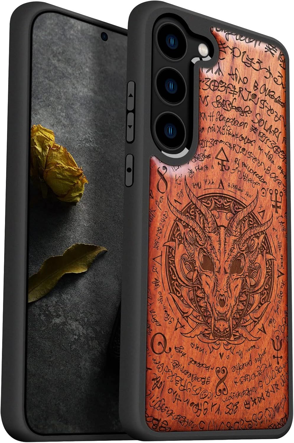 Carveit Wood Case for Galaxy S23 Plus Case [Natural Wood & Black Soft TPU] Shockproof Protective Cover Unique & Classy Wooden Design Compatible with S23 Plus (Dragon Skull-Rosy)