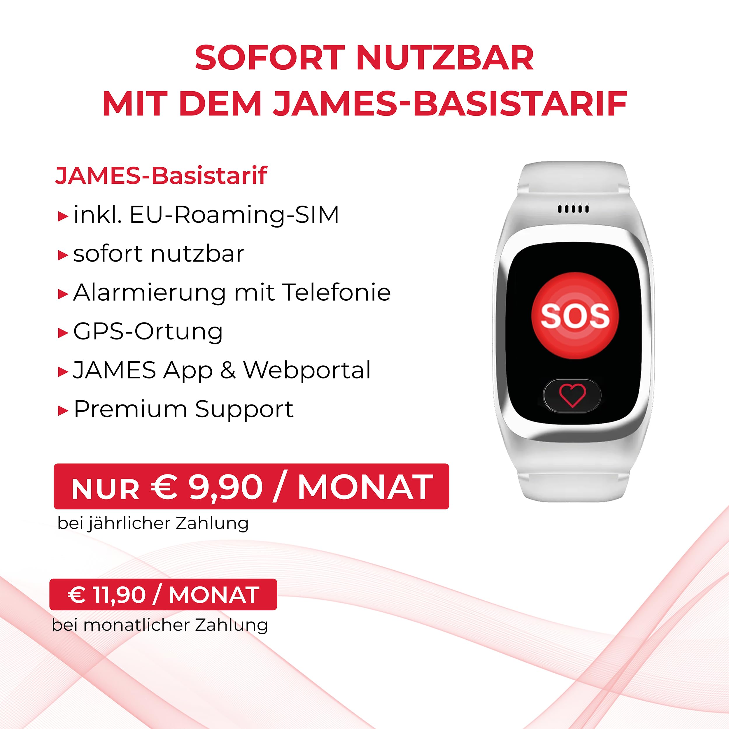 James B8 Notruf- & Sicherheitsuhr für Senioren (Weiss) mit GPS, Sturzerkennung, SOS-Knopf, Pulsmessung & Gesundheitsfunktionen, Familien-App, lauter Alarm, inkl. SIM-Karte & 2 Gratis-Monate Tarif