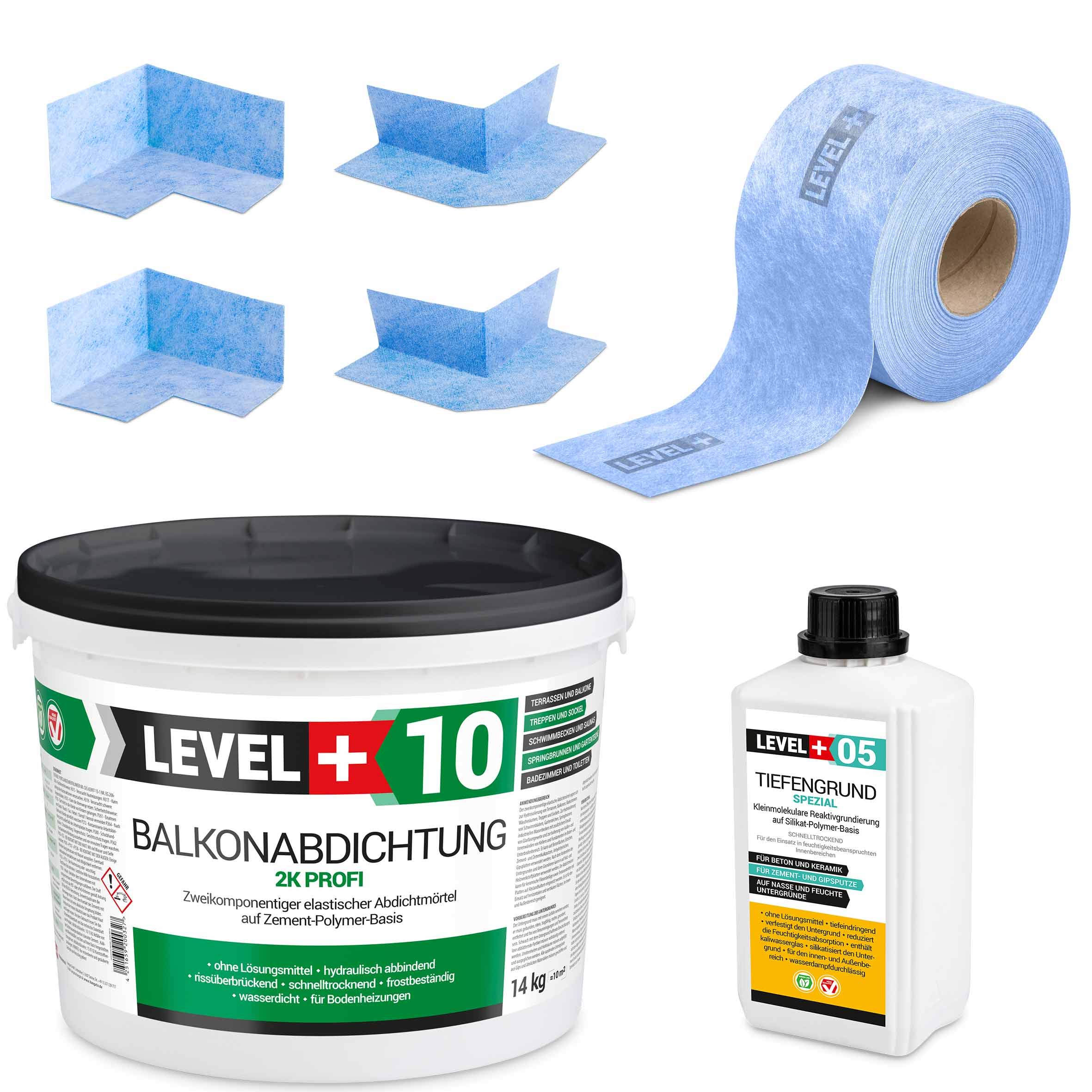 Dicht-Set 14Kg Balkonabdichtung 4m², 2 Innenecken, 2 Außenecke, 10M Dichtband, 1L Tiefengrund mit Wasserglas SET31