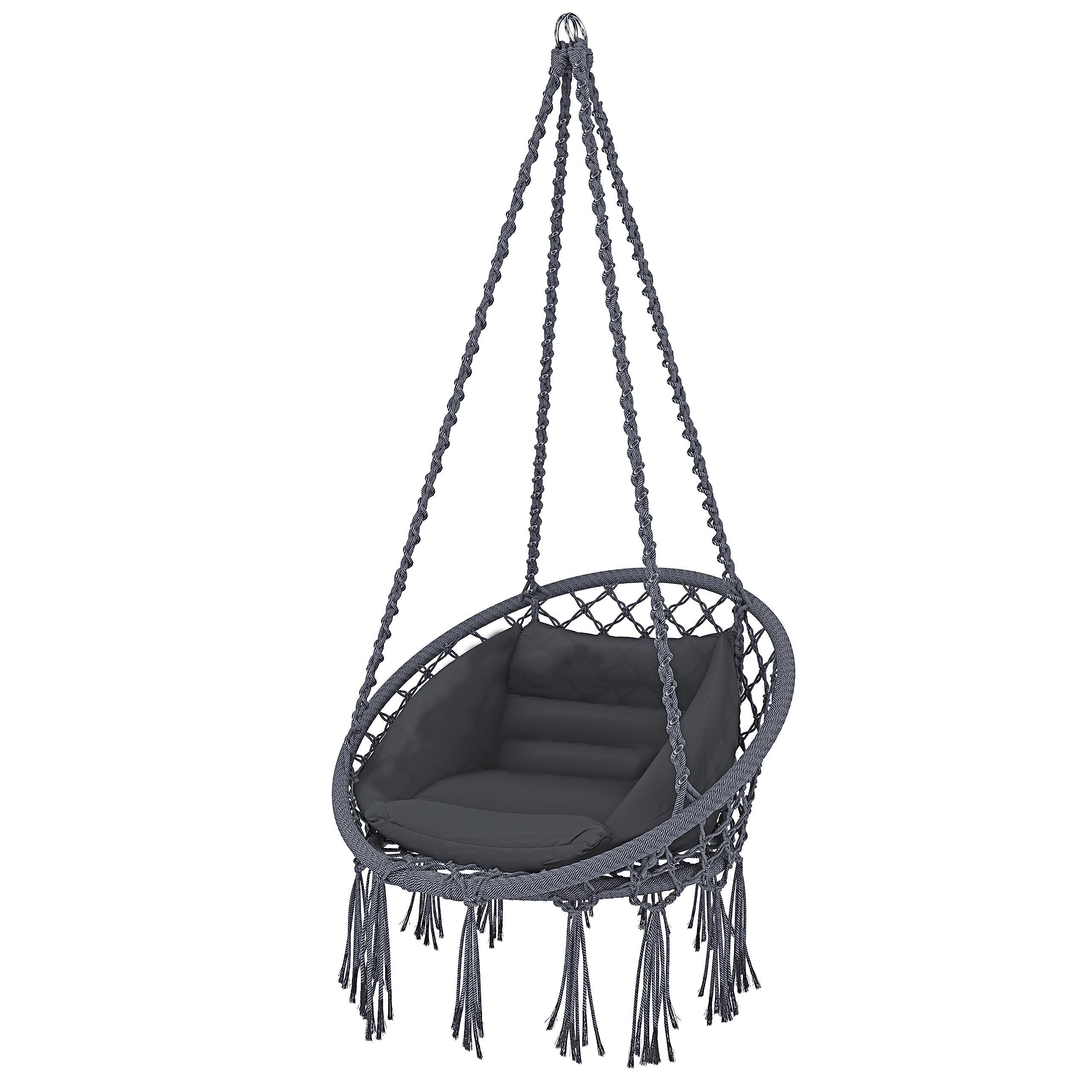 Arreditaly Poltrona Sospesa Da Giardino Corda Di Cotone Effetto Macrame' Struttura Pensile In Acciaio Cuscino Amaca Sedia A Dondolo Con Seduta Imbottita Terrazzo Design Moderno Fino A 160 Kg (Grigio)