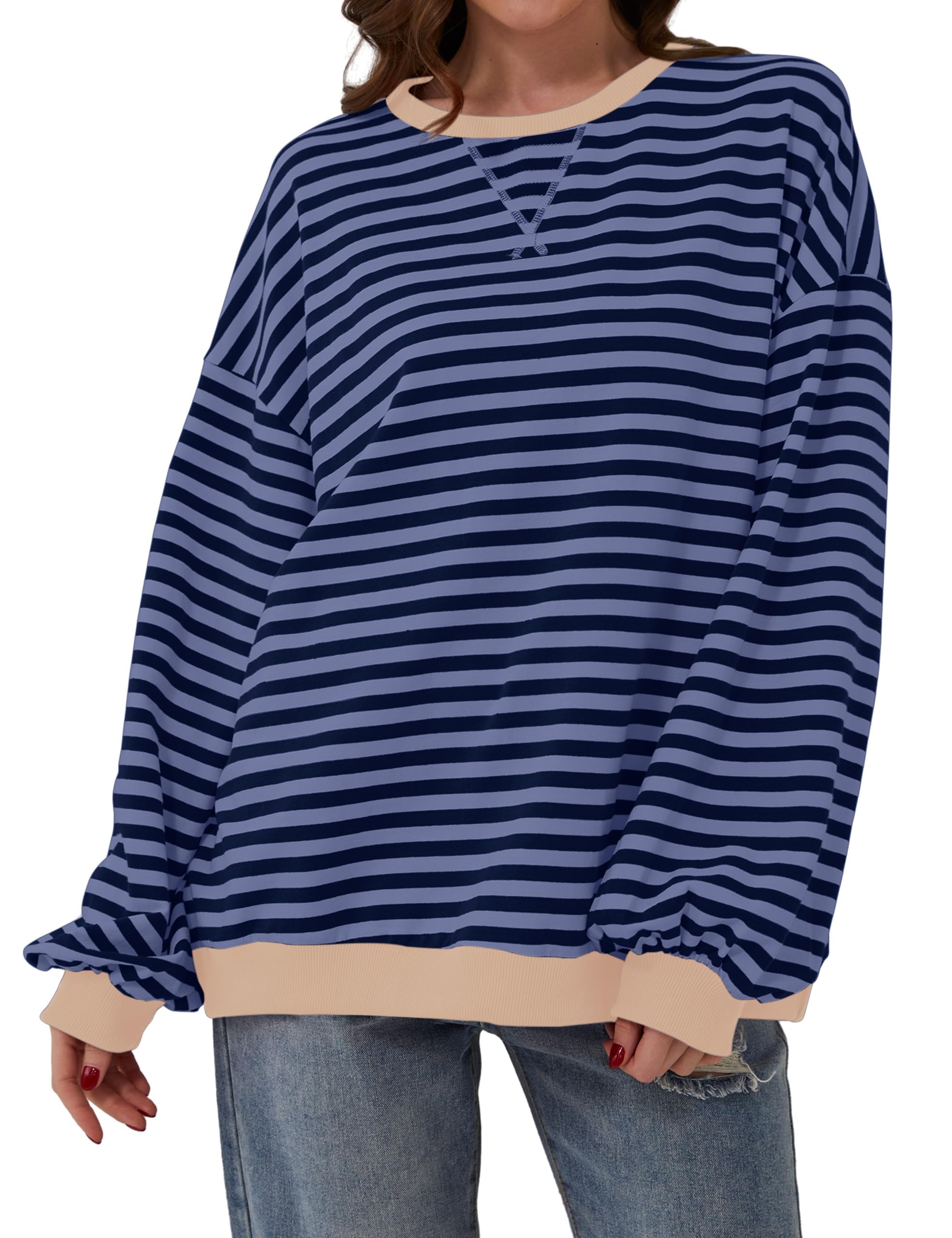 Chicrise Felpa Donna Oversize A Righe Maglia Maniche Lunghe Scollo Rotondo Pullover Autunno Casual
