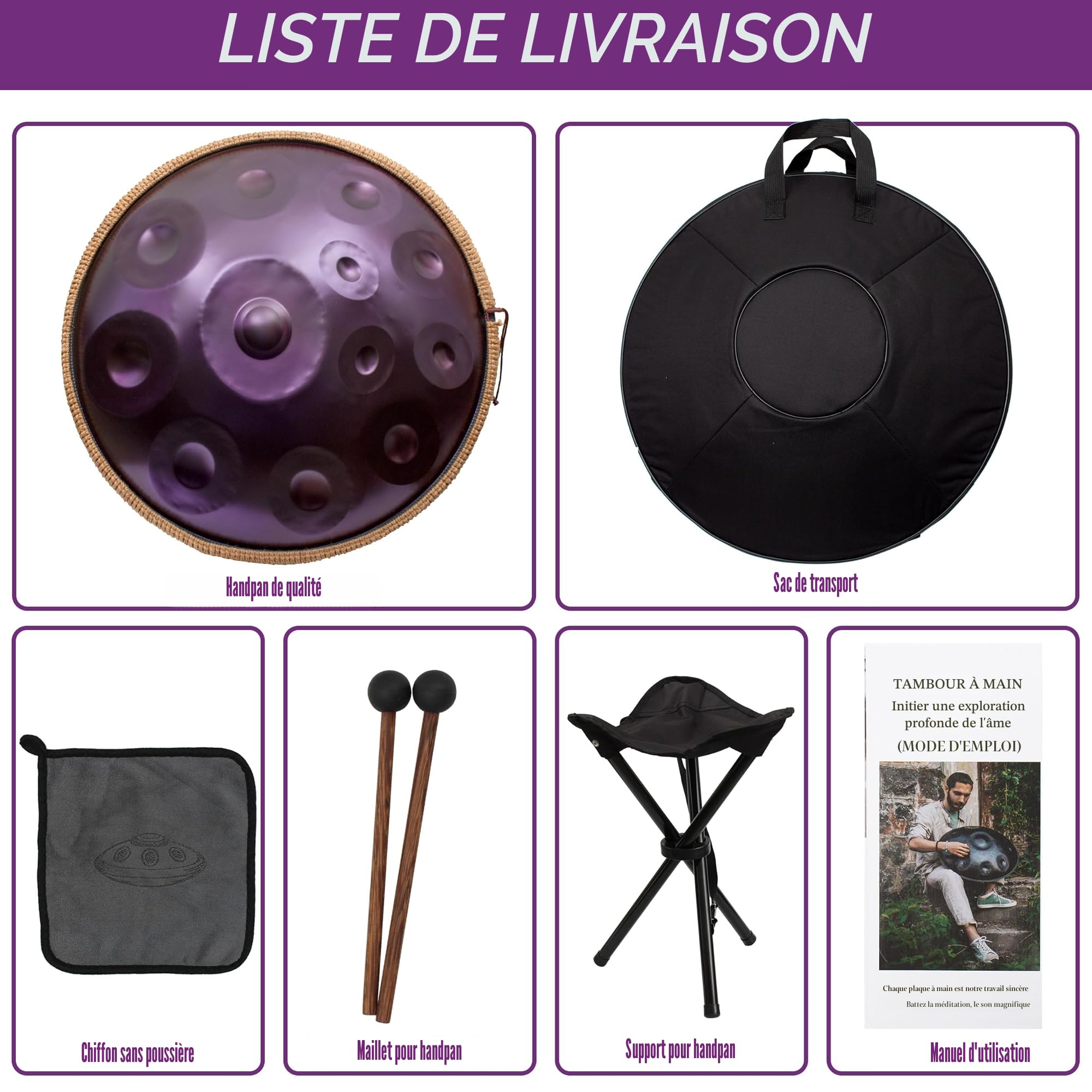 Handpan, Steel Drum, Hand Pan Drum, Violet | 440HZ 12 Notes D Mineur 22 Pouces 56cm Handpan, Handpan Adulte Méditation et Yoga, Drum Instrument avec Housse et Support