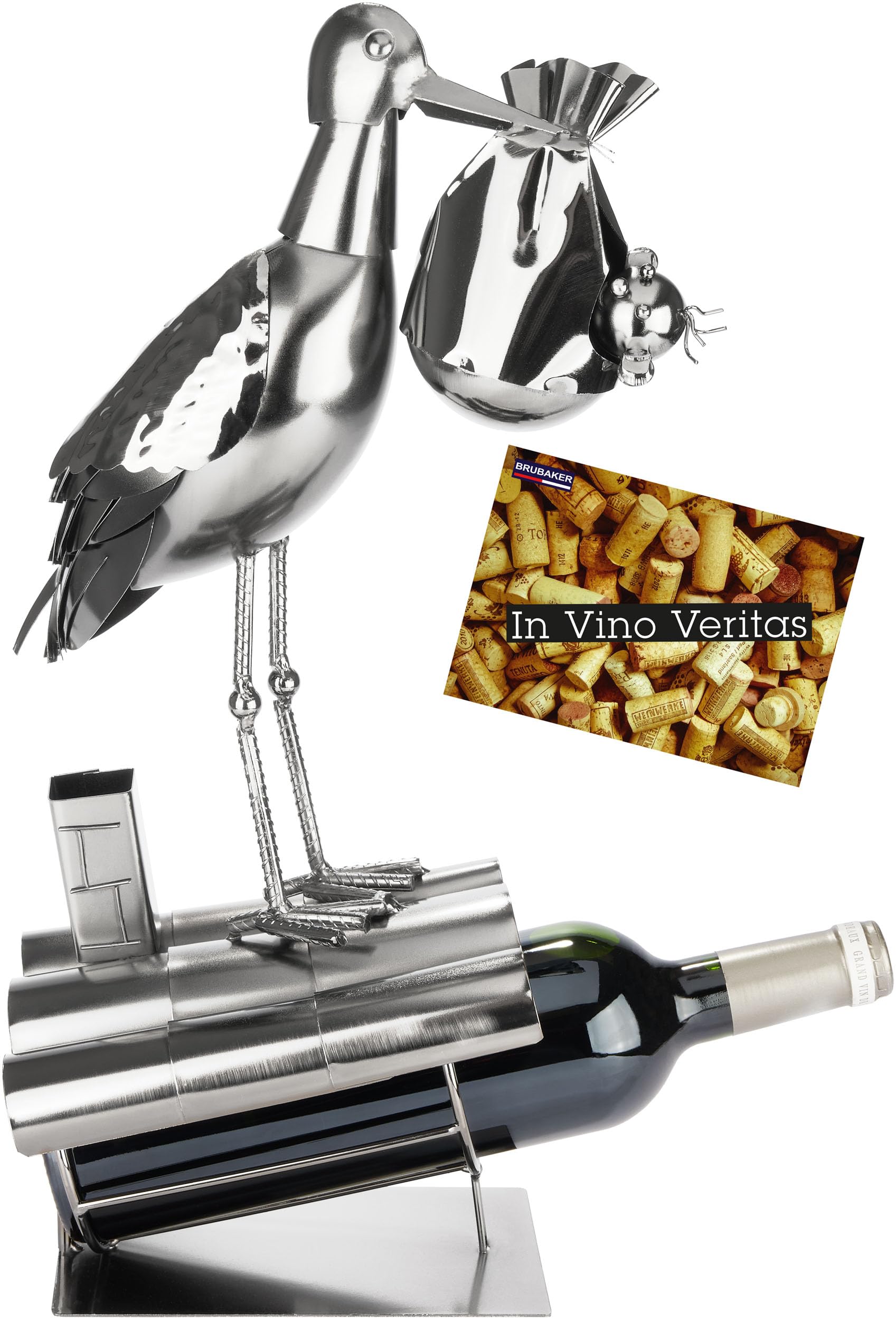 BRUBAKER Porte-Bouteille de Vin Cigogne avec Bébé sur Le Toit - Porte Bouteille Métal Cigogne - Cadeau de Vin pour Parents - Porte Bouteille Décoration avec Carte de Voeux