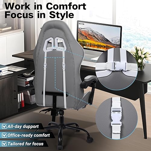 Miniatura 8 de Silla de juegos, silla ergonómica para computadora con reposapiés y soporte lumbar, silla de oficina ajustable en altura con asiento giratorio de