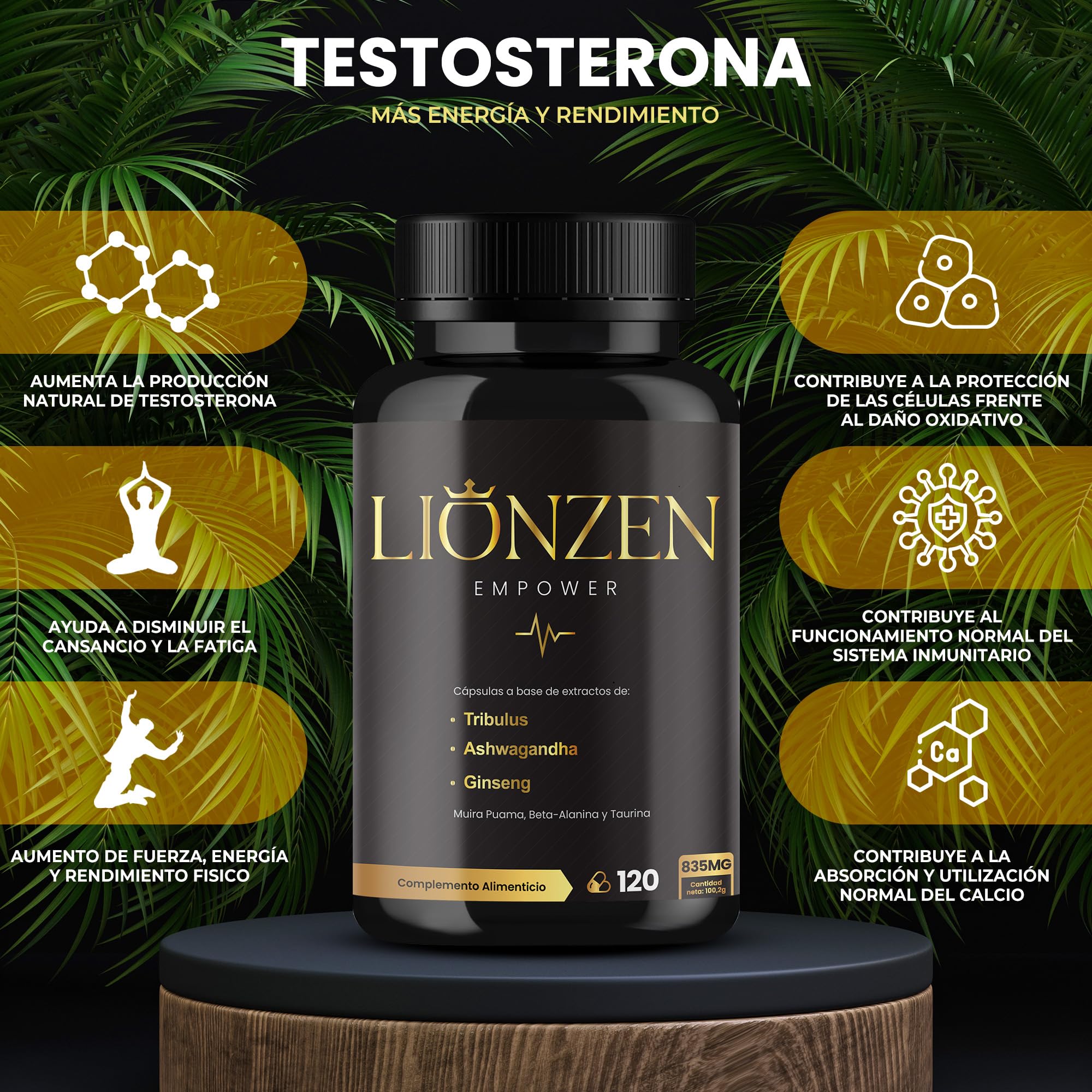 Testosterona Hombre Musculacion | Fuerza y Energía | +19 ingredientes | Ashwagandha, Maca, Ginseng, Tribulus terrestris, Ginkgo, Beta Alanina, Taurina, Muira Puama, L-Arginina, Zinc, Vitaminas. 120c
