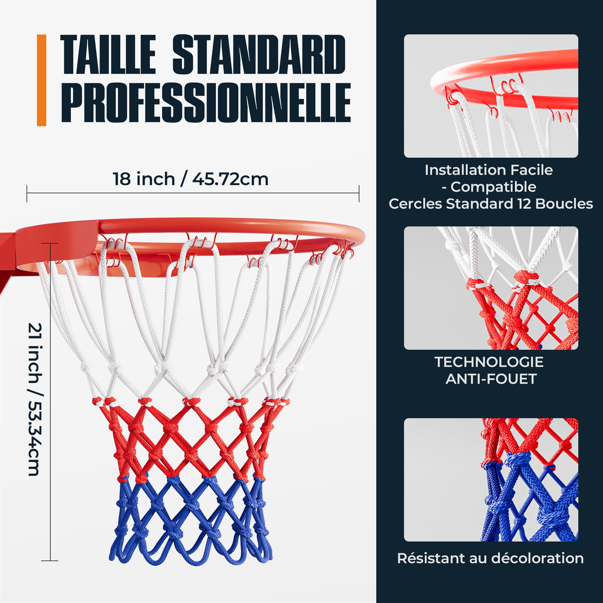2 Pièces Filet basket en Polyester, Filet panier basket exterieur Épais et Durables, résistant à la Pluie et au Soleil filet de basket, Anti-Emmêlement, Amovible 12 Boucles,pour intérieur et extérieur