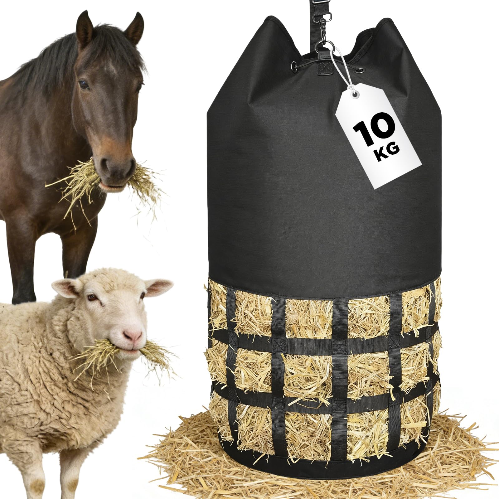 Filet à Foin pour Chevaux à Mailles serrées, Filet à Foin pour Chevaux | Sac XXL 10 kg, Mailles 6,5 cm | Robustesse élevée pour écurie/Paddock/Transport