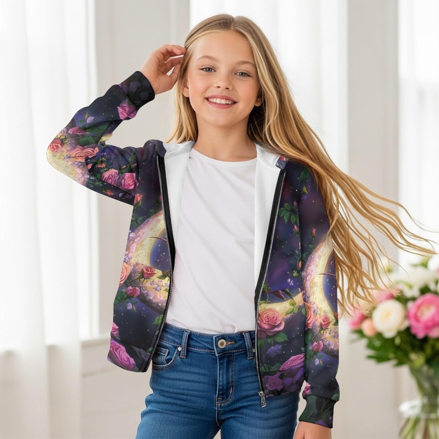 AmzPrint Big Toddler Girls Zip Up Hoodies Long Sleeve Funny Oversized Back To School Graphic Hoodies For Toddler Girls