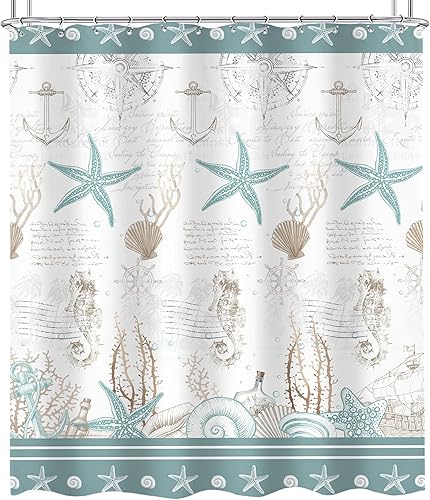 Miniatura 5 de Omifly Cortina de ducha con temática de playa con estrellas de mar, 60 pulgadas de ancho x 72 pulgadas de alto, conchas náuticas náuticas, juego de
