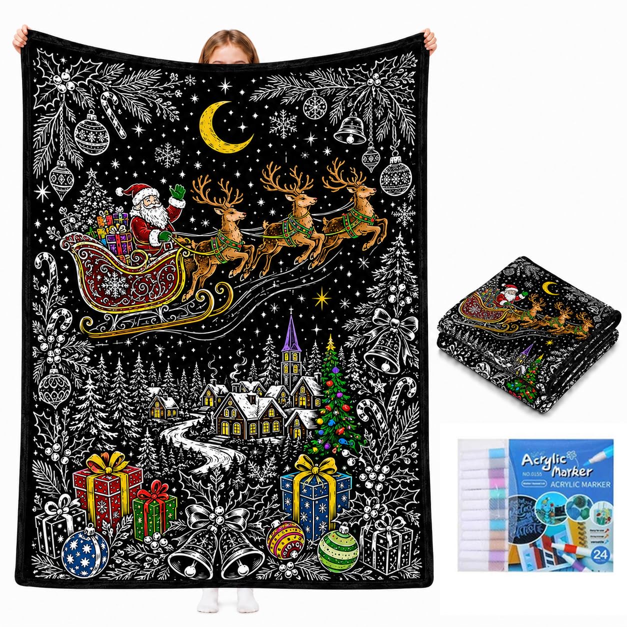 SHUZHENG DIY Christmas Coloring Blanket for Adults & Kids,with 24 Markers