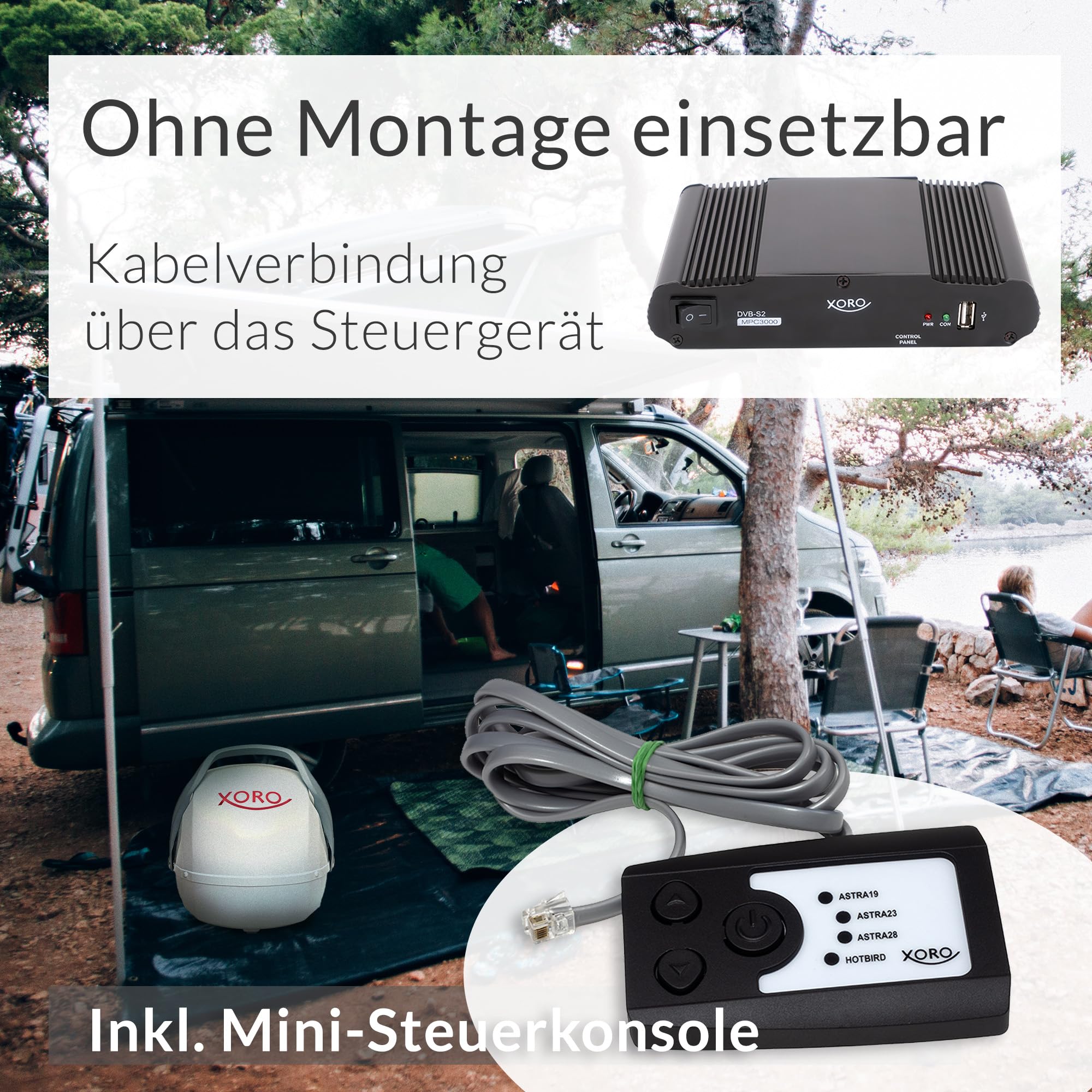 XORO MPA 38 - Vollautomatische Ausrichtung auf den Satelliten per Knopfdruck, Twin LNB, 4 Satelliten vorinstalliert, inkl. Steuerteil, Kabel und Zubehör | Sofort einsatzbereit, automatische Ausrichtung per Knopfdruck, inkl. Steuergerät, Kabel & Zubehör –