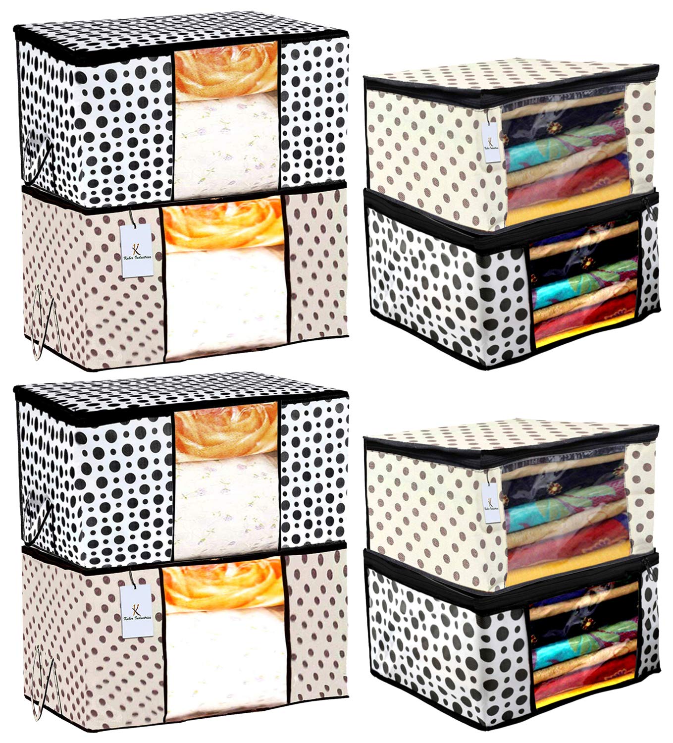 Kuber Industries Polka Dot Design 4 Piece Non Woven Saree Cover And 4 Pieces Underbed Storage Bag, Storage Organiser, Blanket Cover, Cream & White -CTKTC42415