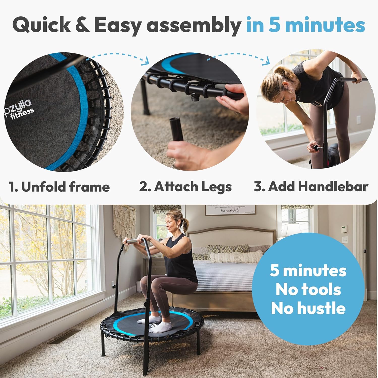 Jumpzylla Fitness Rebounder Trampoline for Adults with Bar and Elastic Bands, 450/550 lbs Mini Trampoline for Adults, Exercise Trampolines, Rebounders with Adjustable Handle, Indoor/Outdoor 40/48 in