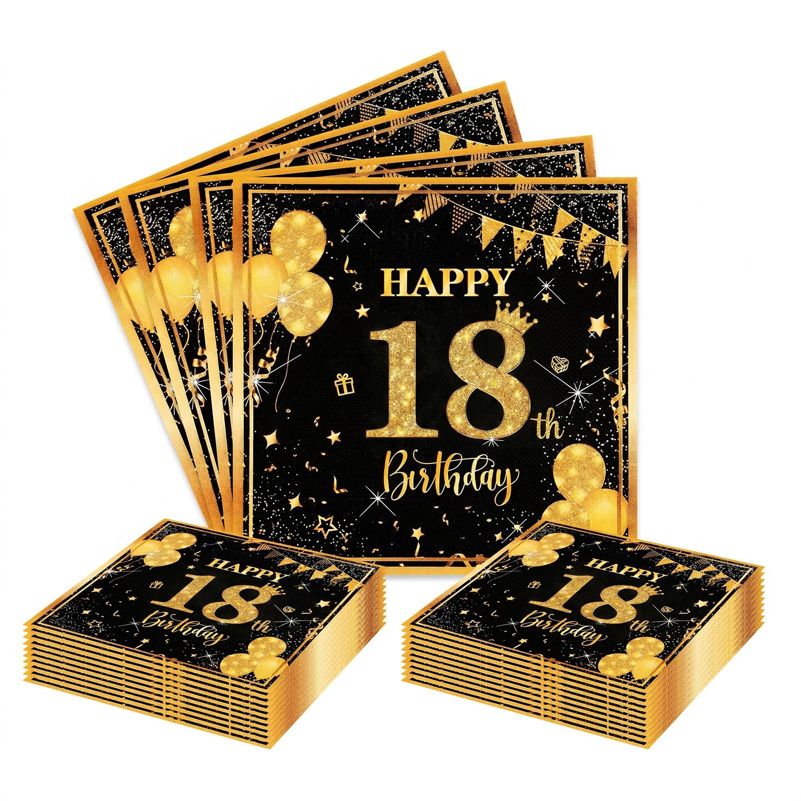 40Pcs 18th Birthday Paper Napkins, Black Gold 18th Birthday Decorations, Disposable 33x33cm Party Serviettes Napkins for Men Him Women Her Party Decorations