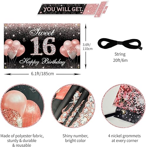 Miniatura 2 de Cartel de fondo de cumpleaños de 16 años, decoración de fiesta de dulces dieciséis de oro rosa, letrero de feliz cumpleaños 16 para patio,