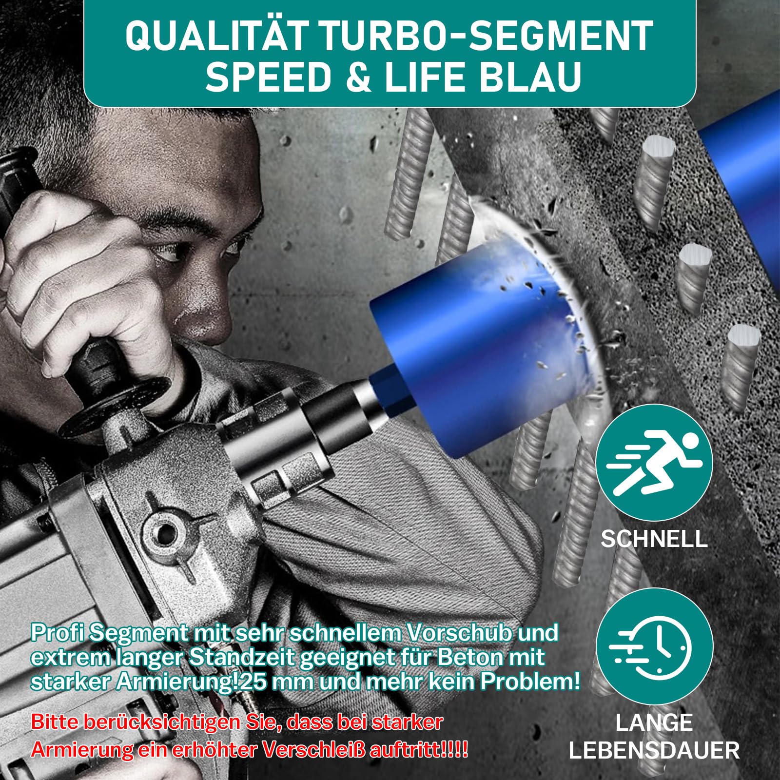 Diamantbohrkrone Kernbohrer für Kernbohrgerät mit Turbo, inkl. SDS-max, 1 1/4", Ø 62mm, Gesamtlänge 460 mm, Nass Trocken Dosenbohrer Diamant Bohrkrone Nassbohrkrone Trockenbohrkrone für Beton