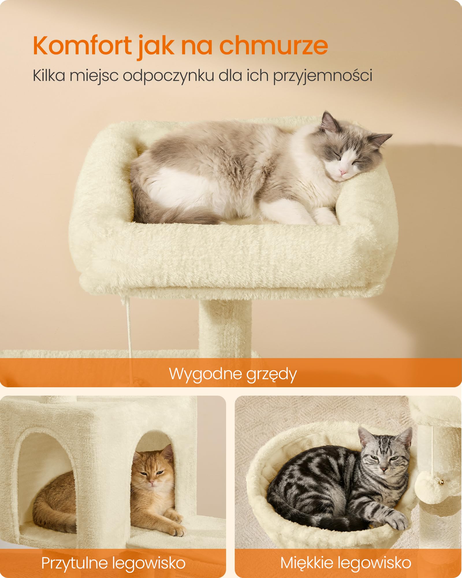 Feandrea Drapak dla kota, drapak z 3 dużymi platformami, jaskinią i koszykiem, 2 pluszowe piłki, wysokość 136 cm, kolor piaskowo-beżowy PCT012LF01