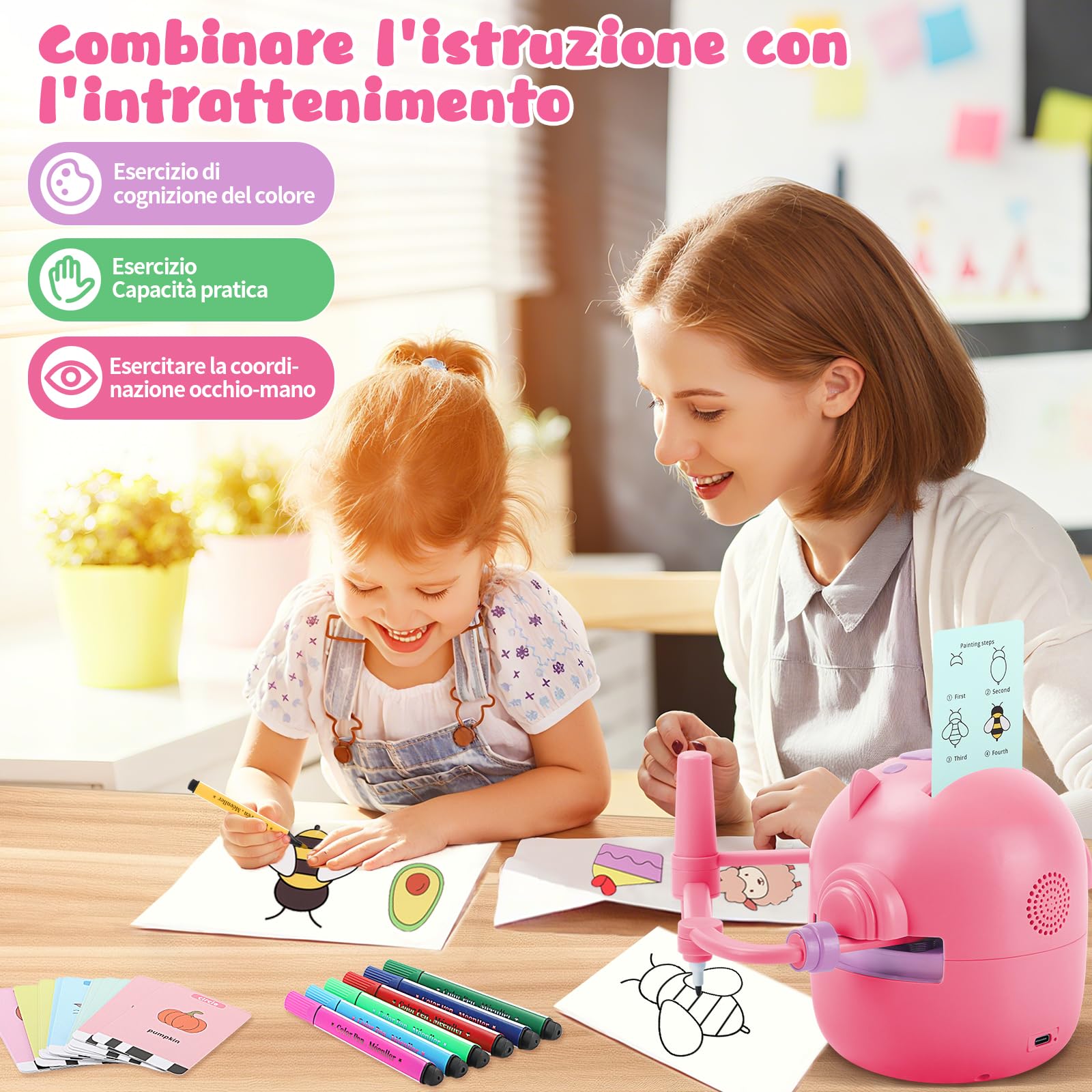 Charmofun Robot che Disegna per Bambini, Robot Disegno on 100 Cartoline, Robottino Giocattolo per Apprendimento Precoce, Robots Interattivo Vocale per Bambino Bambina dai 3 Anni in su (Rosa)