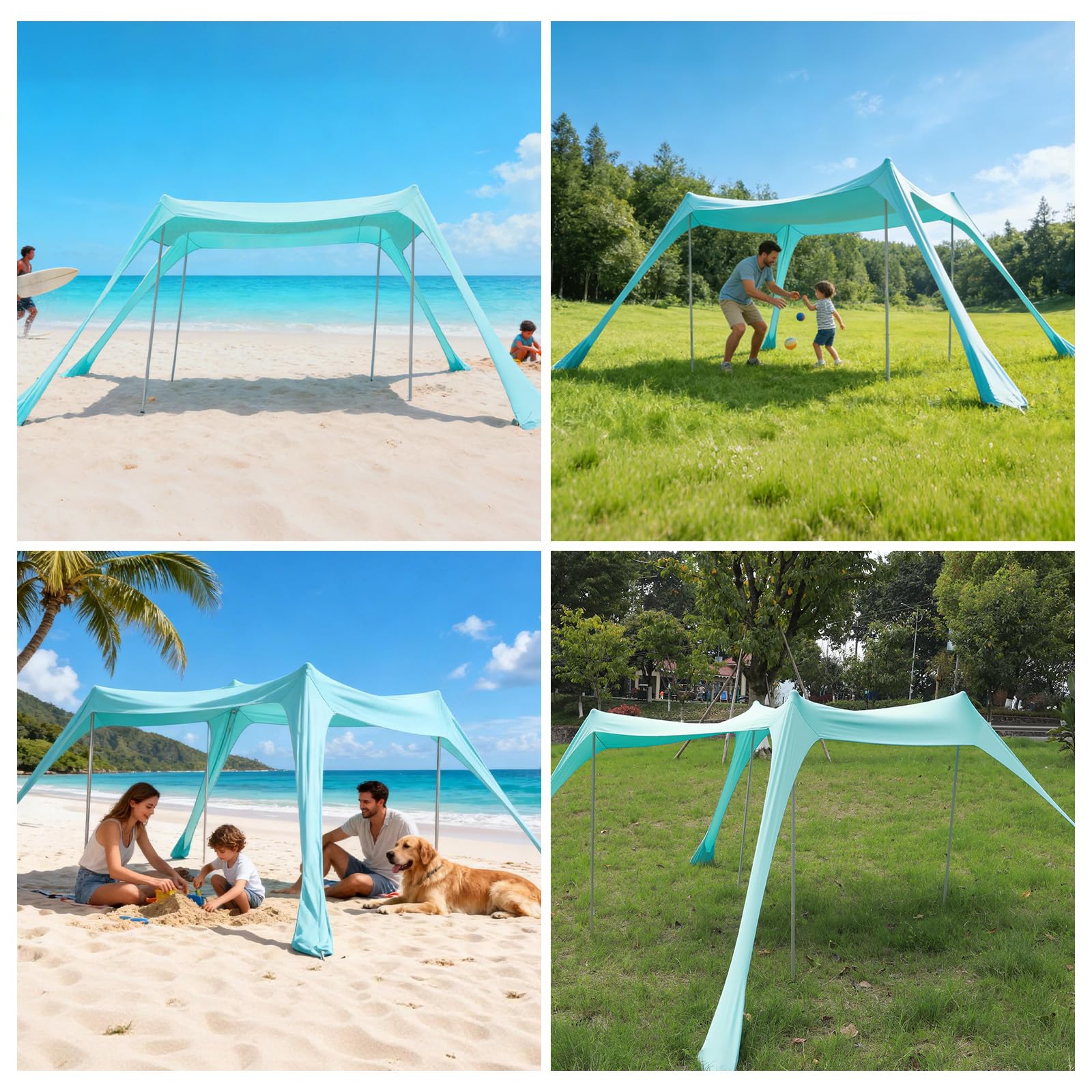 Sonnenschutz Strandzelt mit UPF50+ 2.2 x 2 x 1.6 m Strand Sonnensegel mit Sandschaufel & Erdnägeln - Strandmuschel UV Beach Tent leichte Strandüberdachung für Camping, Picknick, Garten (Turquoise)