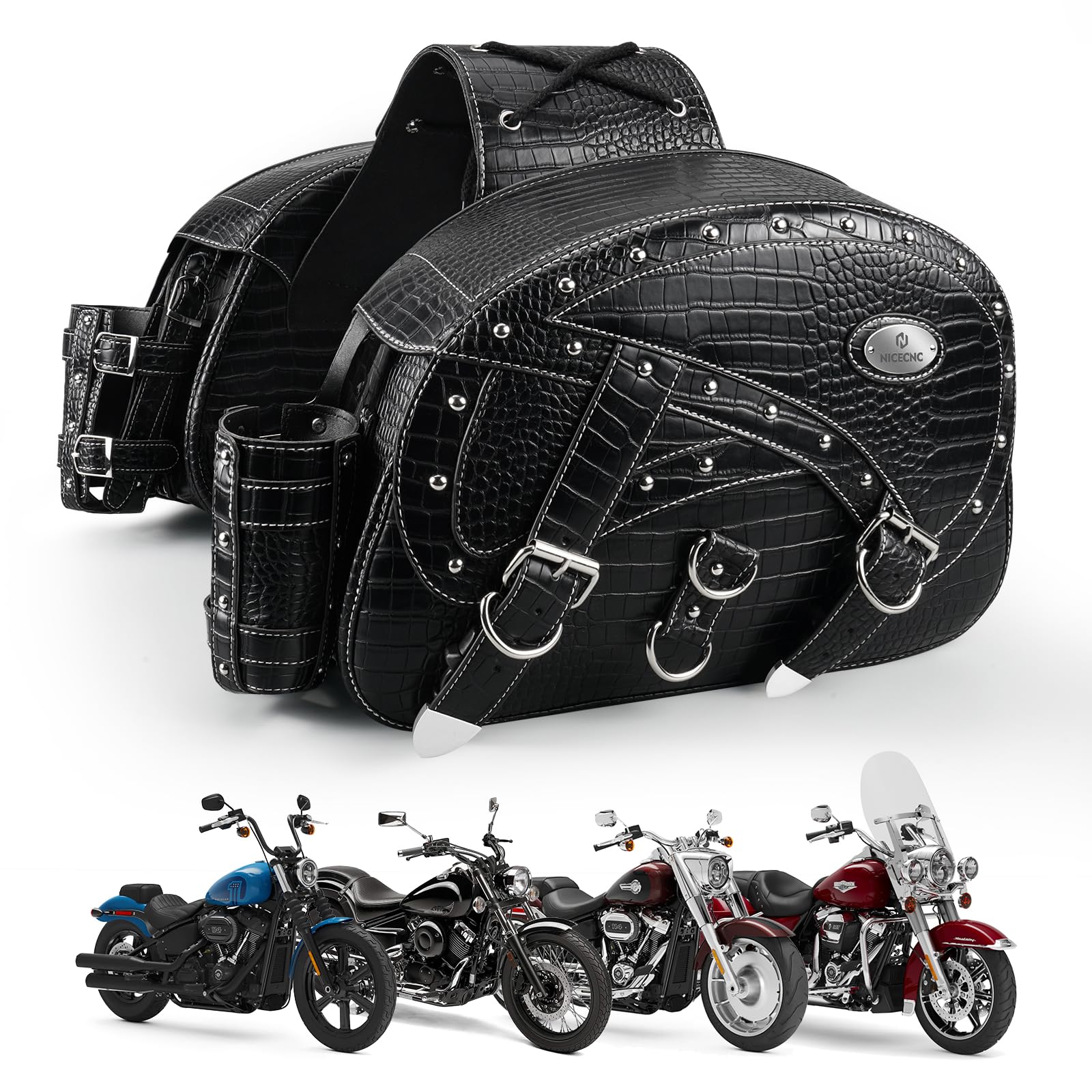 NICECNC Borse da sella in pelle per moto, 35L Borse da sella di grande capacità Borse laterali per moto con portabicchieri, compatible with Sportster Softail Dyna Shadow Road King universale, 2PCS