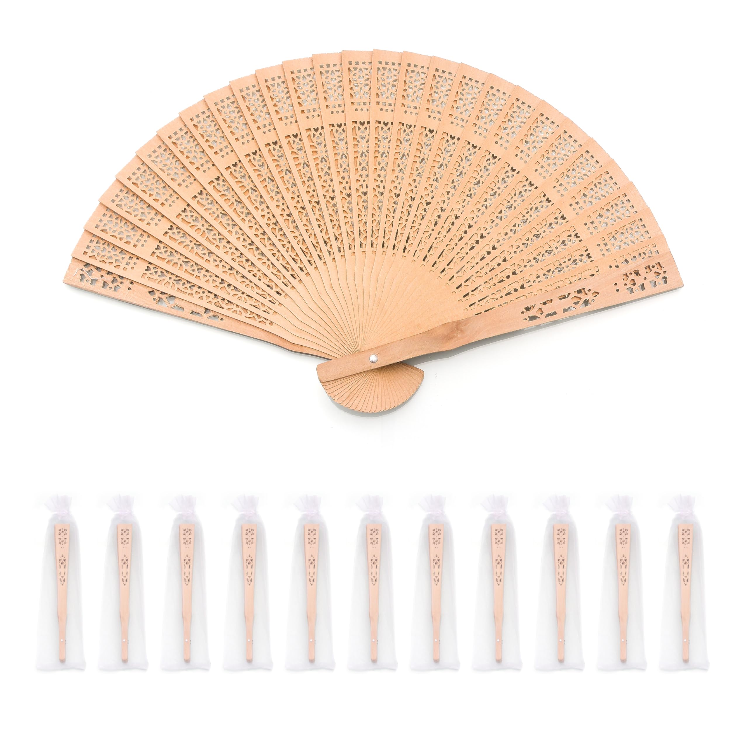 H.U.S.L® PACK12 ABANICOS MADERA NATURAL 20 CM EN BOLSA DE ORGANZA A JUEGO, ABANICOS PARA EVENTOS, DETALLES PARA LOS INVITADOS, REGALOS DE BODA, FIESTAS, COMUNIÓN O BAUTIZO, (12 Unidades)