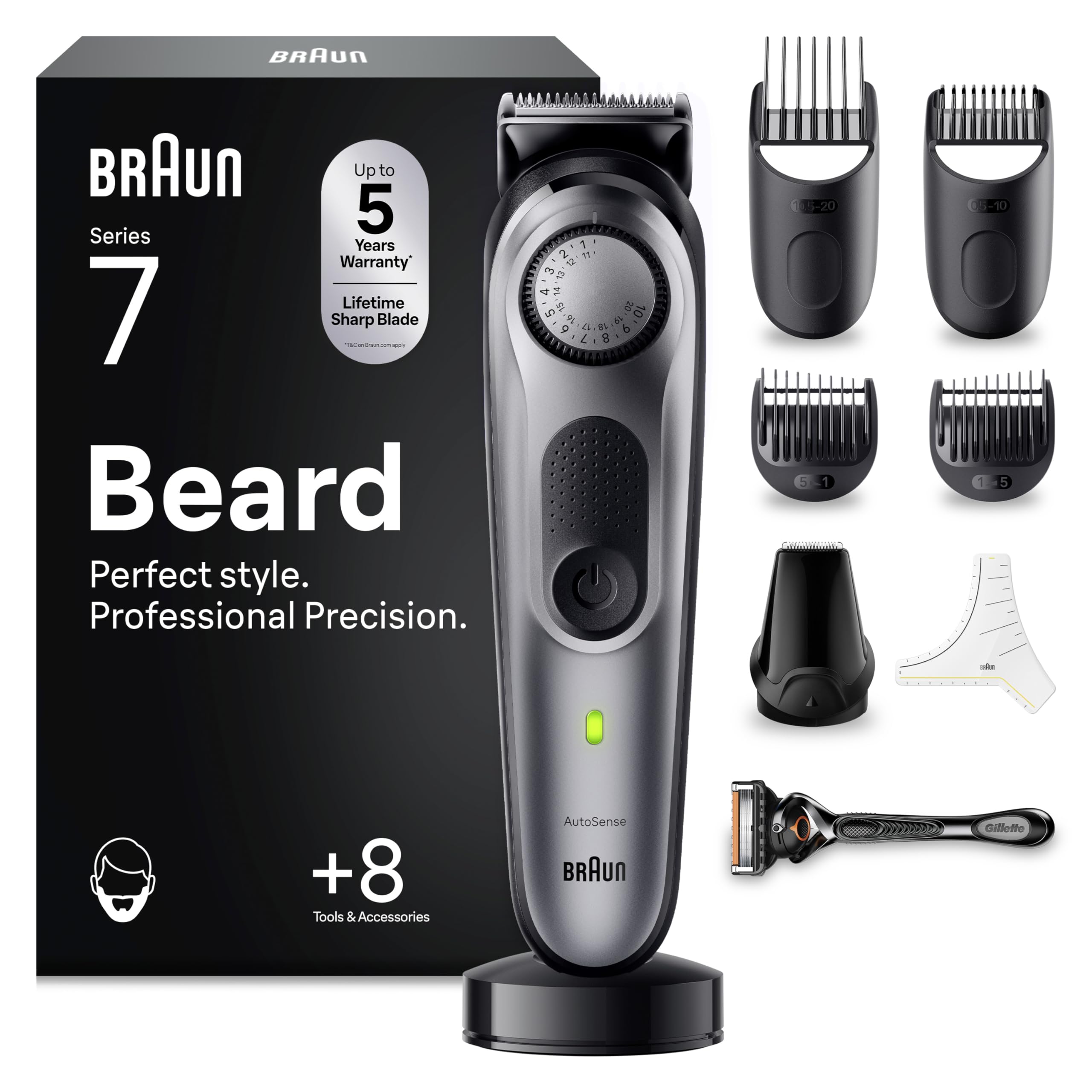 Braun Series 7 Barttrimmer BT7420, Kabelloser Bartschneider Herren, 40 Längen, 100 Min. Akku, Wasserdicht, Grau