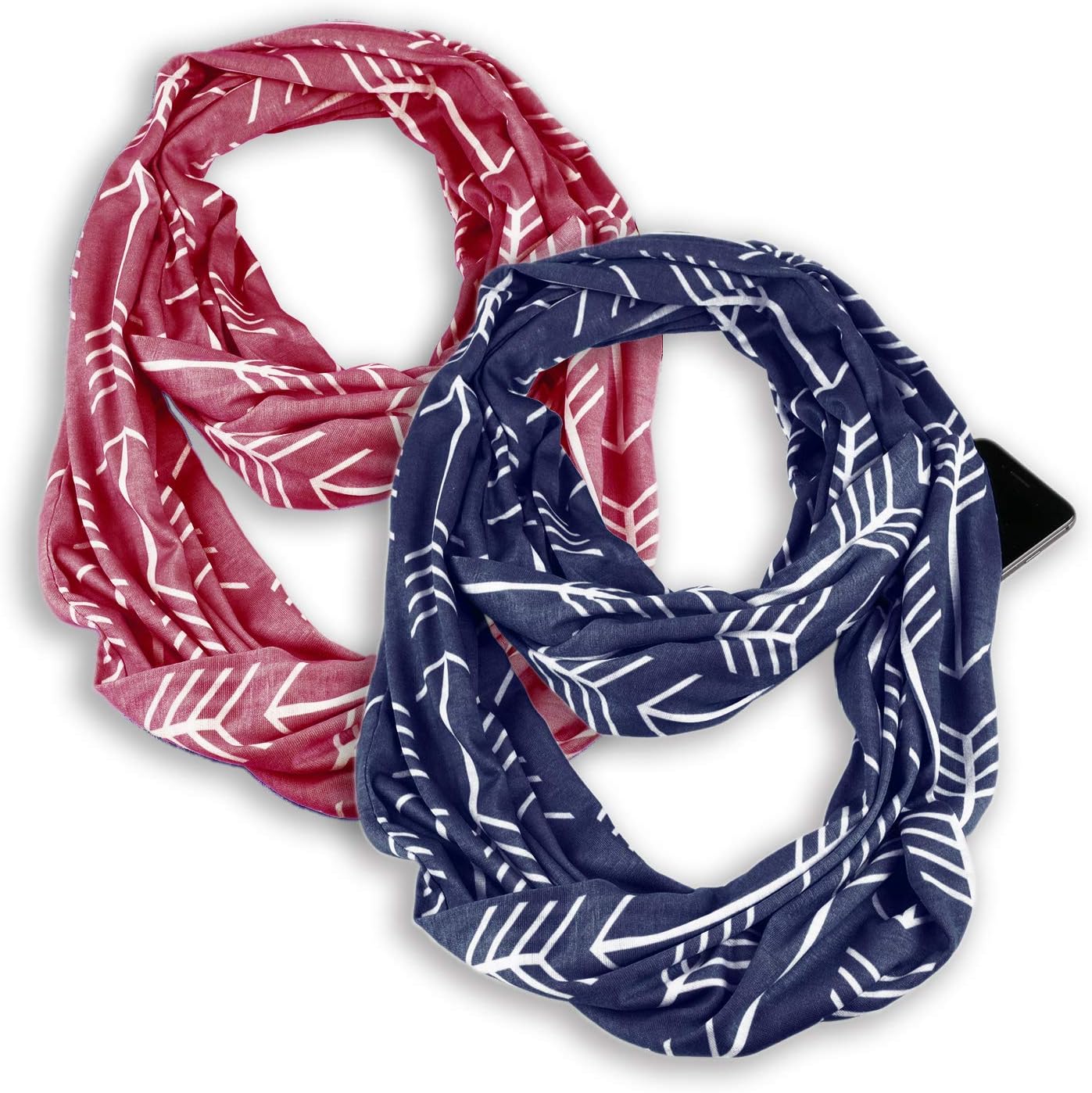 Infinity & Soft Scarf with Hidden Zipper Pocket Bundle Set | Winter Spring Summer Fall Autumn Lightweight Fashion Pattern Scarf, Travel Accessories for Women Girls Ladies(2 Pack)