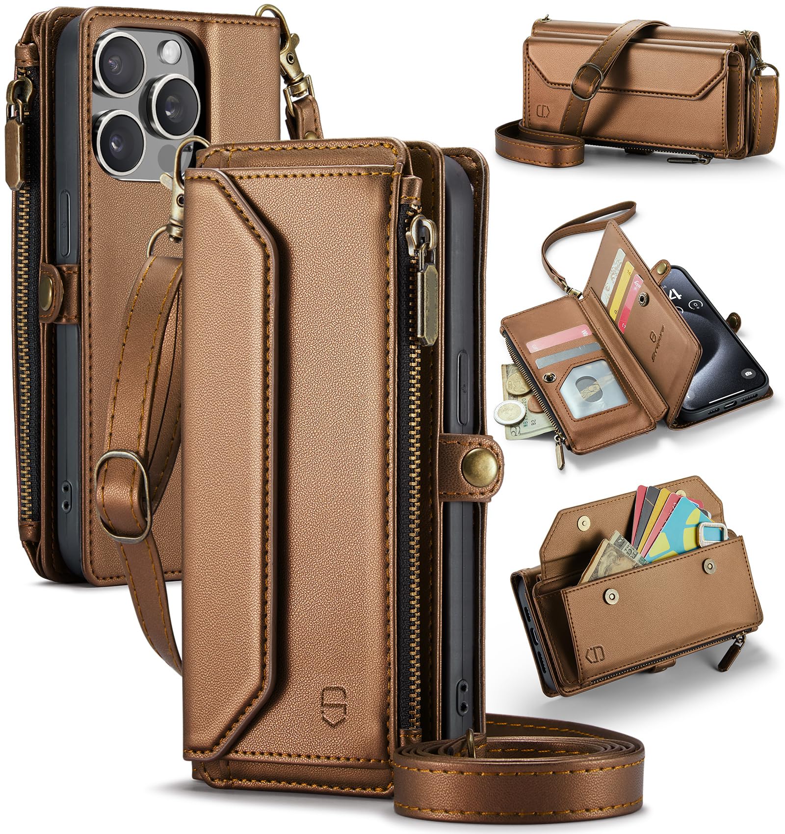 Strapurs Wallet Case Compatible with iPhone 15 Pro RFID Blocking 7-Card Holder Soft PU Leather Magnetic Snap Shoulder Strap Zipper Pocket Phone Case