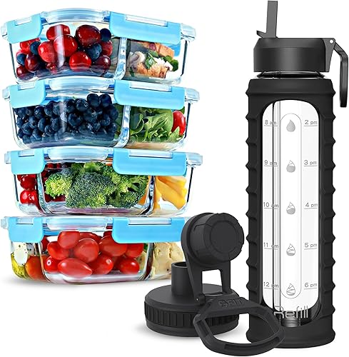 FIT Strong & Healthy Paquete de 4 recipientes de vidrio para preparación de comidas de 2 y 3 compartimentos y botella de agua de vidrio de 32 onzas