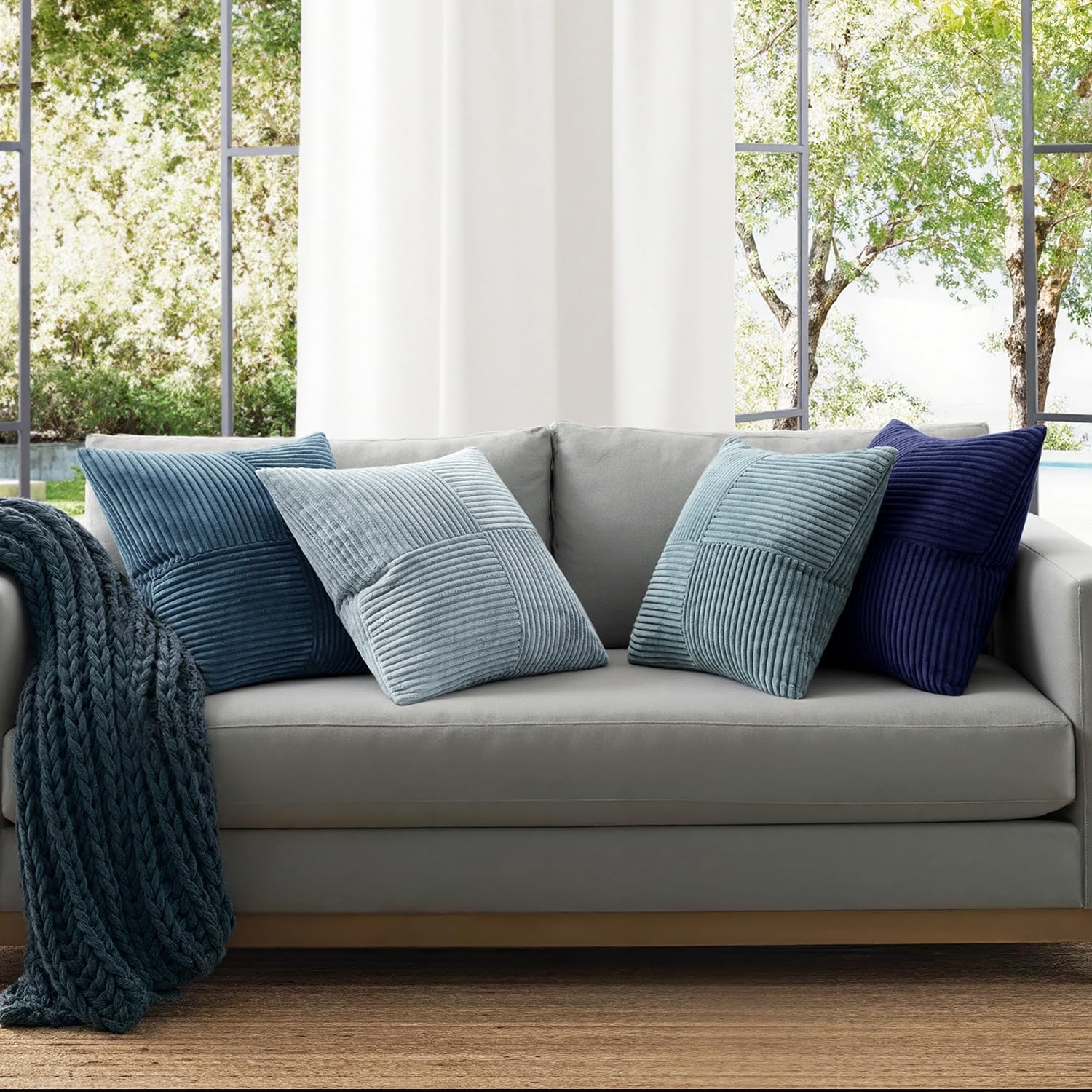 ANRODUO Pack of 4 Decorative Throw Pillows for Couch Neutral Blue 22x22 Inch Boho Cozy Soft Corduroy Cushion Covers Farmhouse Accent Pillowcases for Mid Century Coastal Spring Home Decor Living Room