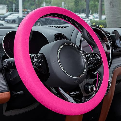 Spurtar Hot Pink Car Steering Wheel Cover Women, Hot Pink Car Accessories Cute Soft Silicone Leather Texture Steering Wheel Protector, Fit Diamenter 15" - 16.5"