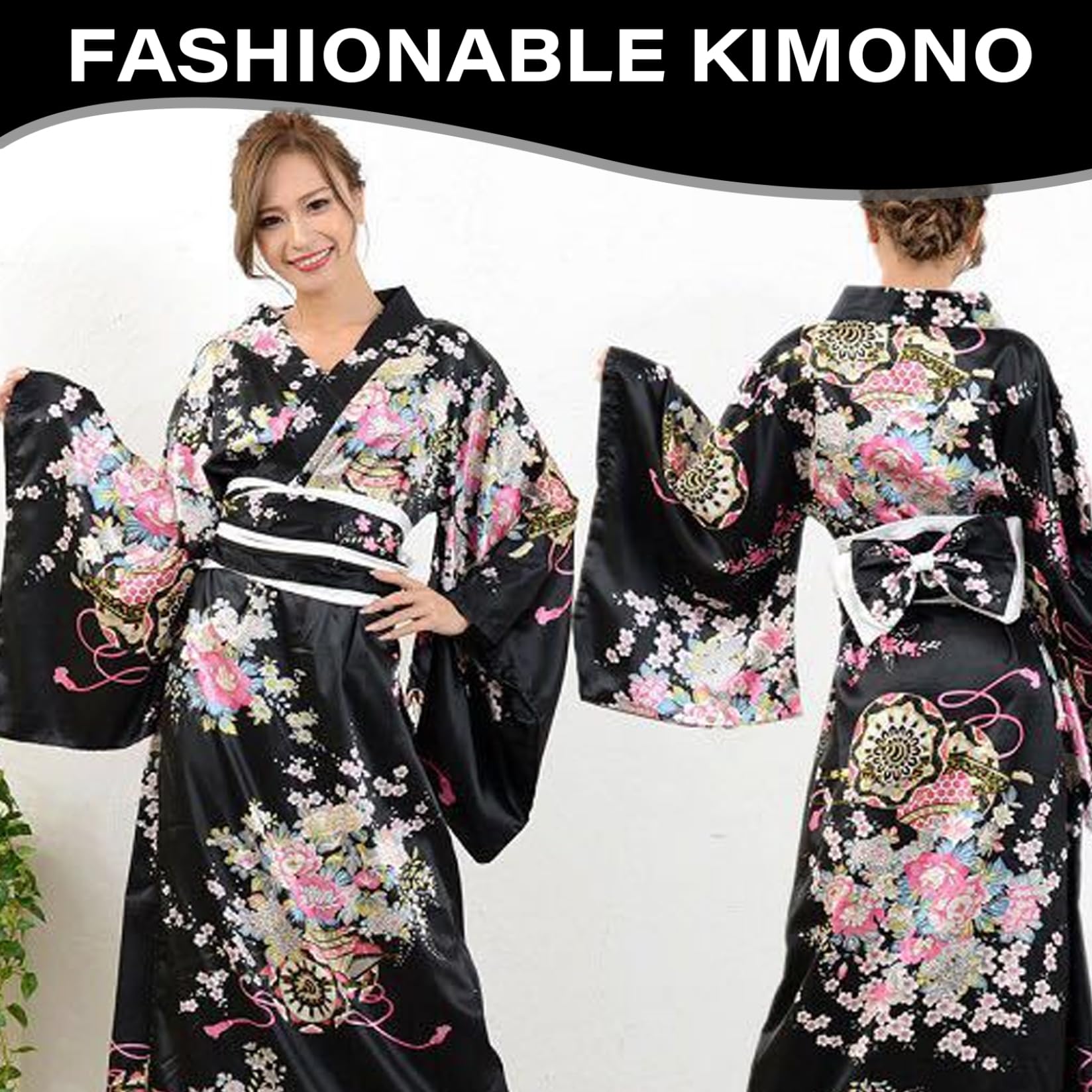 Kimono Japonais Yukata Pour Femmes Motif Floral Silky Confortable Adapté À La Peau Avec Une Ceinture Kyoto Banc De Fleur (Noir)