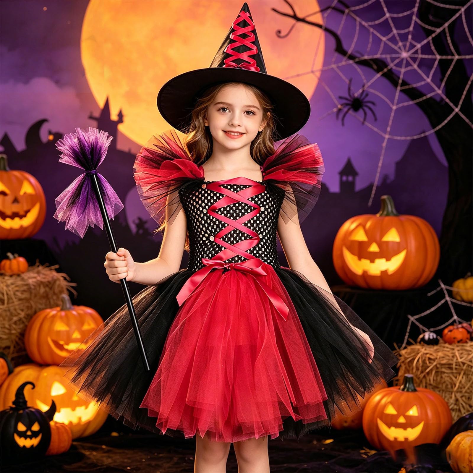 Halloween Kostüm Kinder Hexe Mädchen Halloween-Kostüm Mädchen Halloween Costume Tütü Hexen Verkleidung Set Für Kleid Party Kostüm Mit Hexenhut Und Besen