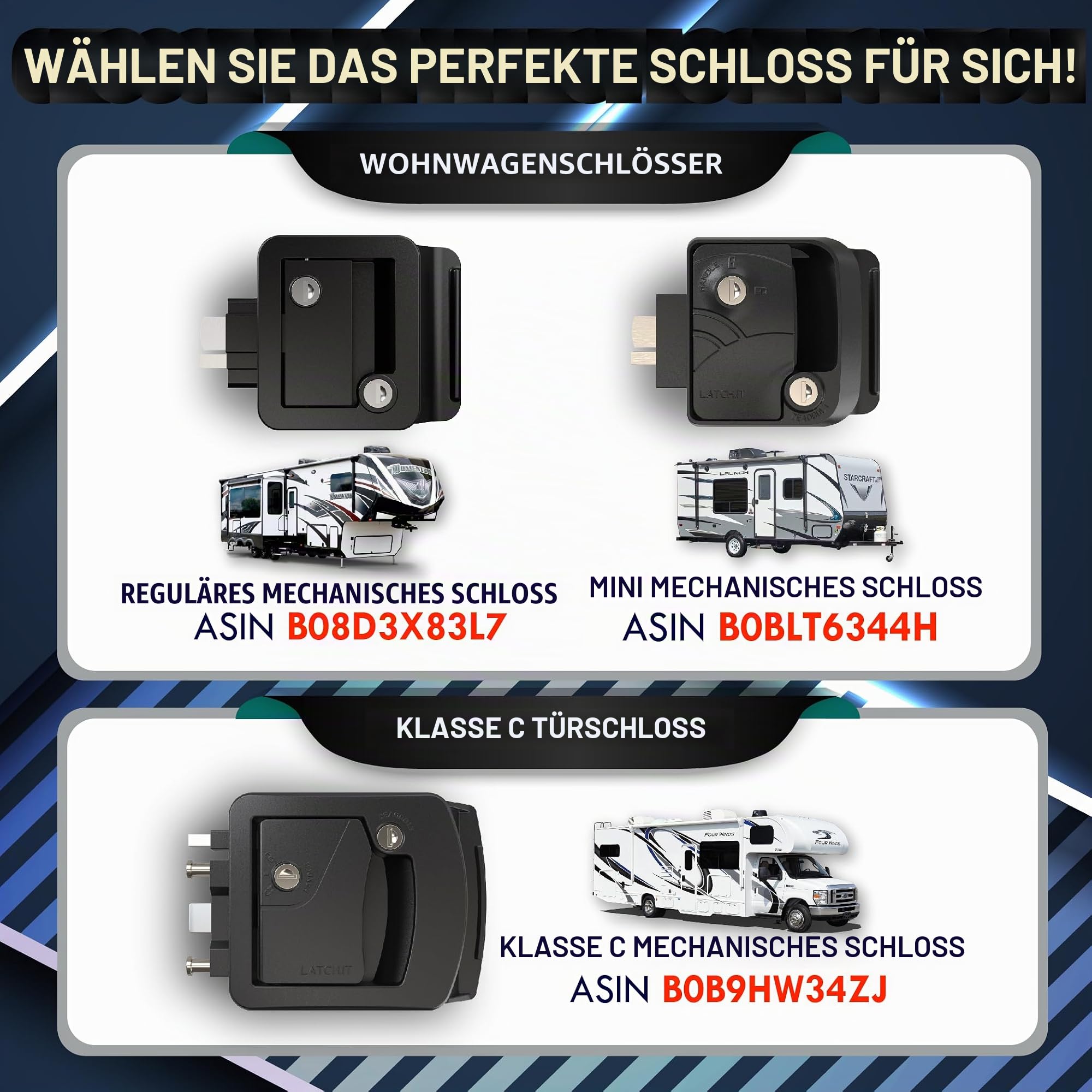 LATCH.IT Wohnmobil-Türschloss-Ersatz,mechanisches Wohnmobilschloss der Klasse C,Wohnmobil-Türriegel mit 2 mechanischen Schlüsseln,Wohnmobil-Türriegel passend für Klasse C mit 8.9x11.4 cm Schlossloch