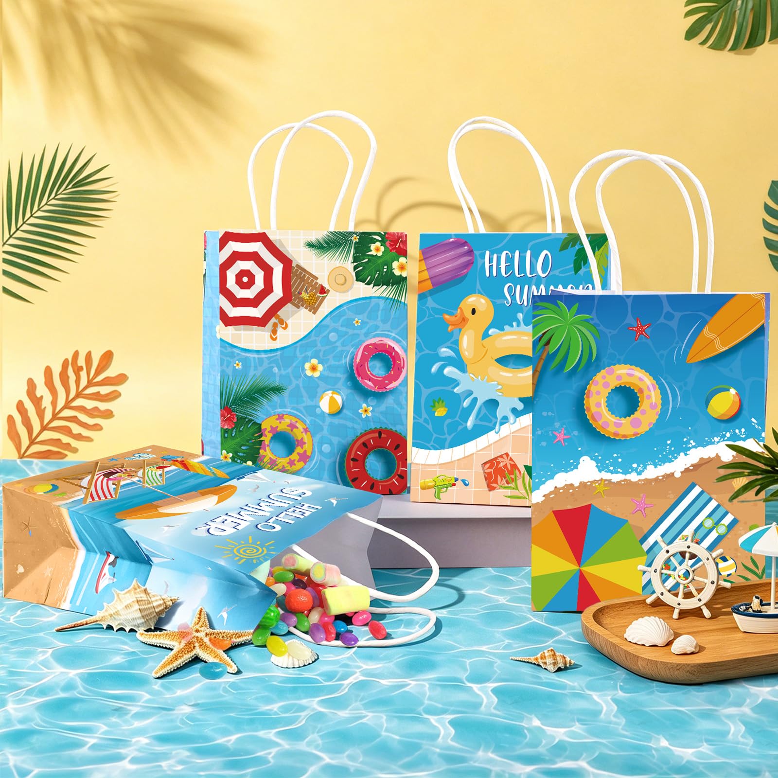 Lemicin 12 Pcs Summer Goodie Bags Pool Party Favor Bags Treat Candy Snack Bag Paper Beach Gift Bags with Handles for Hawaiian Luau Birthday Baby Shower Hello Summer Pool Holiday Party Supplies