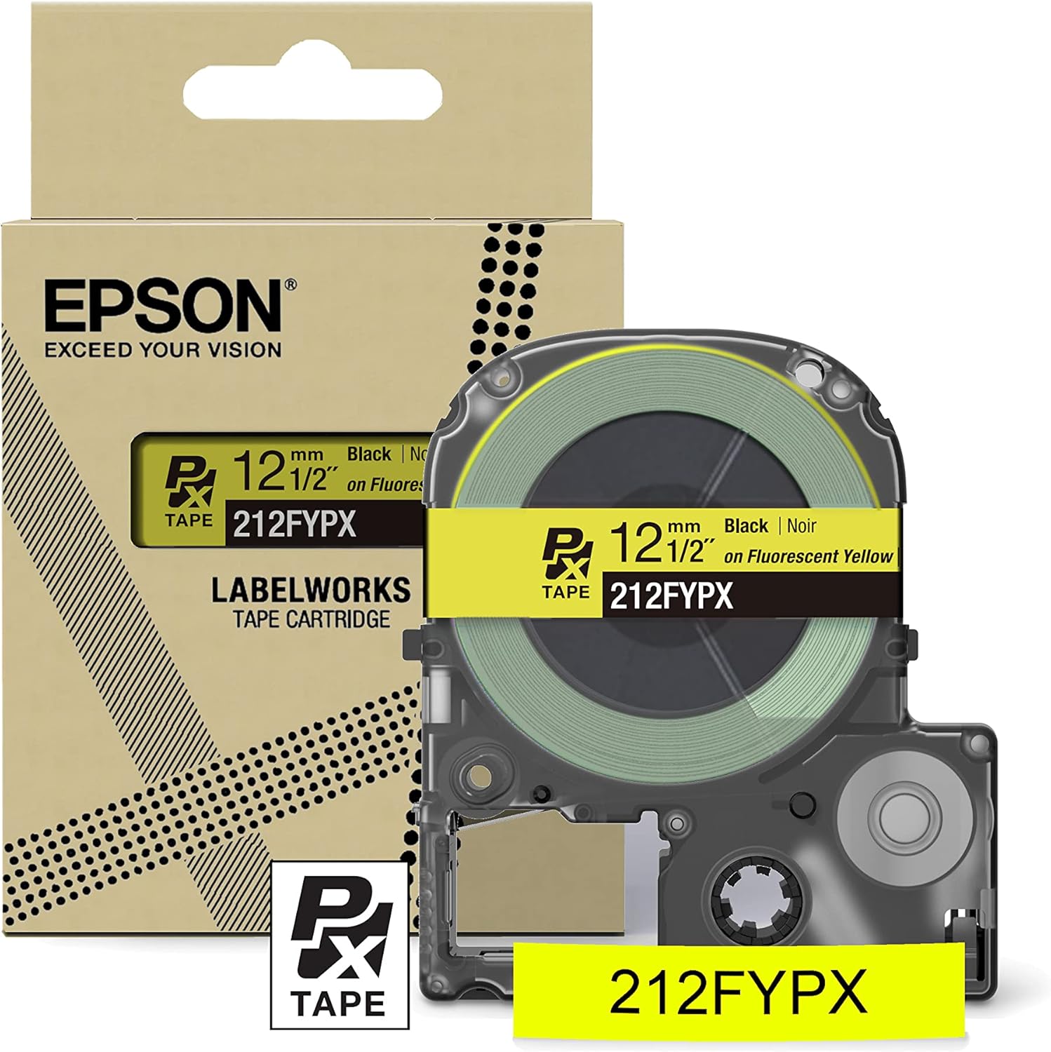Epson LABELWORKS 212FYPX Genuine PET (Polyester) Tape Cartridge - Black on Fluorescent Yellow Designer Craft Label Maker Tape - 1/2" (12MM) Wide, 16'
