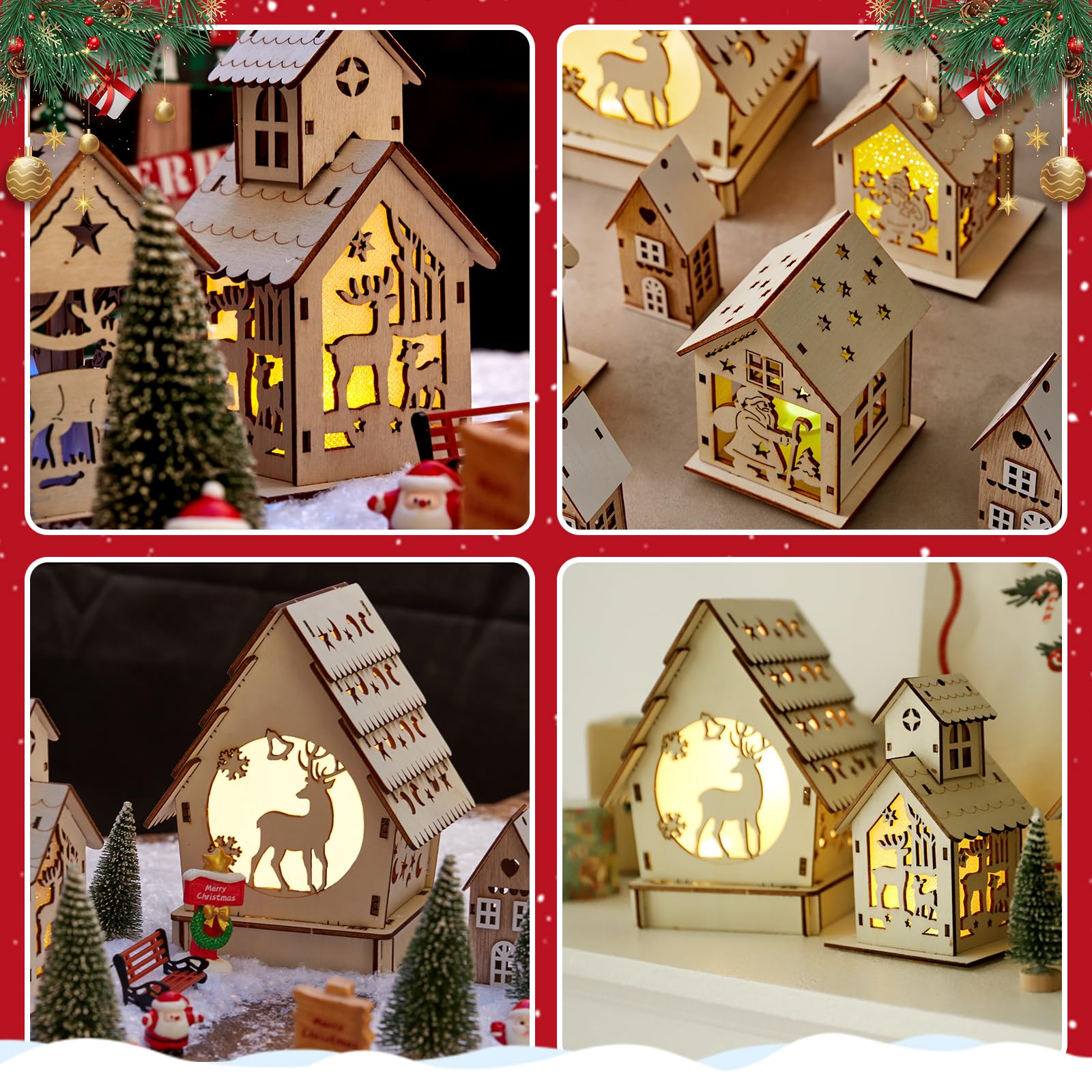 Amazon | クリスマスビレッジセット 29個 ライト付き DIY 木製