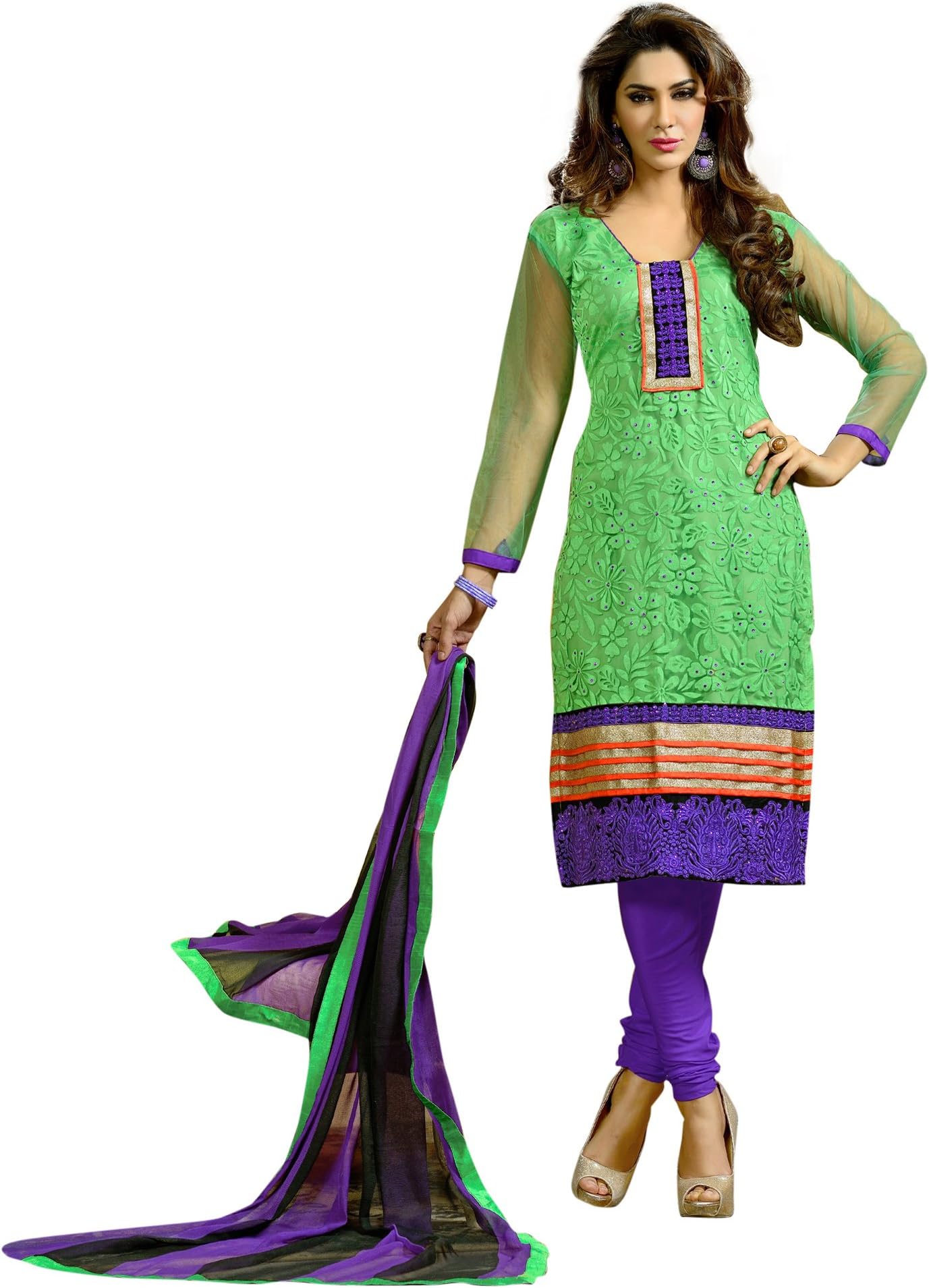 Fabdeal Green Brasso Embroidered Stitched Salwar Kameez - Readymade