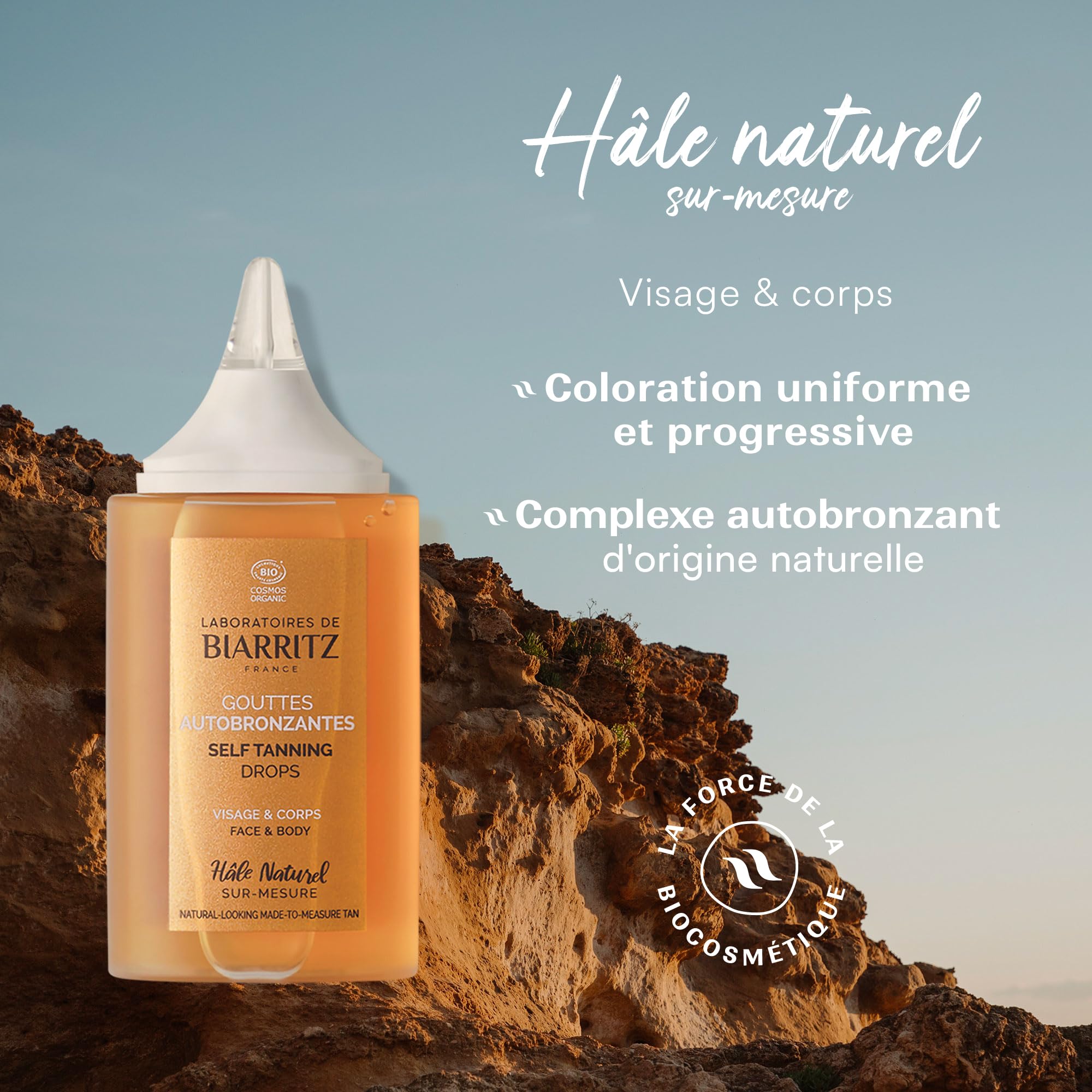 Laboratorios de Biarritz – Gotas autobronceantes – ALGA MARIS® con certificación ecológica. Un bonito aroma natural a medida – Cara y cuerpo – 35 ml – Fabricado en Francia
